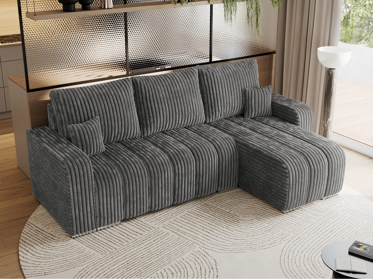 Ecksofa KIRASSO - universelles mit Schlaffunktion und Bettkasten, lose Kissen, Armlehnen - Dunkelgrau Cord