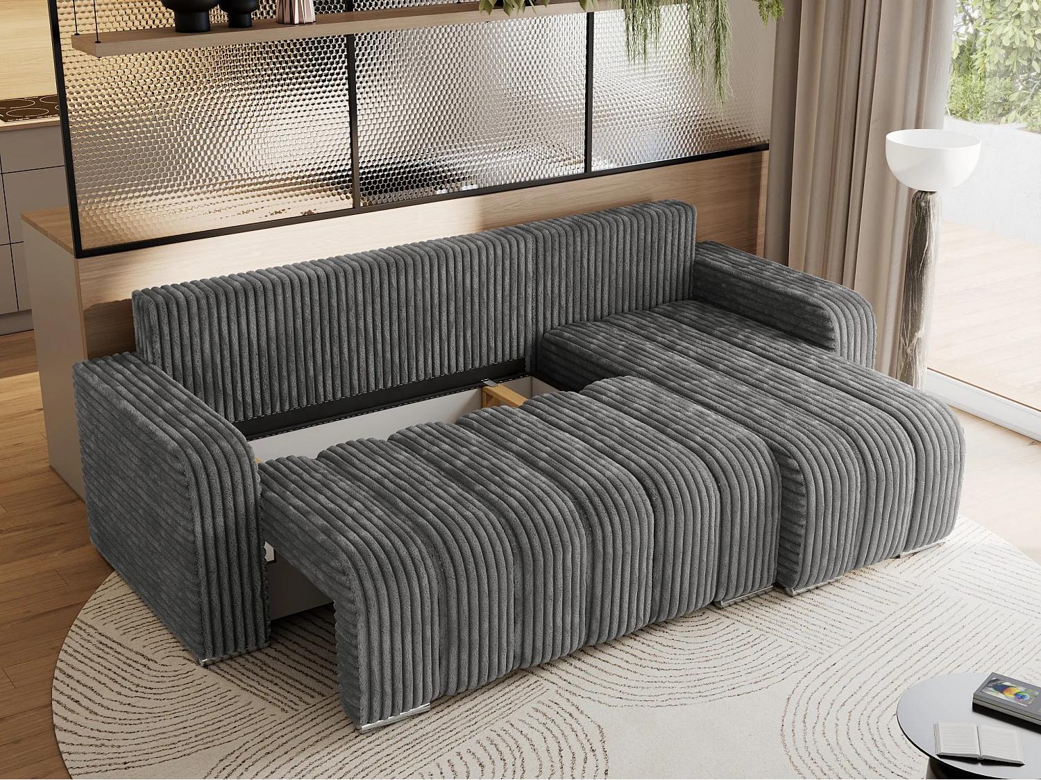 Ecksofa KIRASSO - universelles mit Schlaffunktion und Bettkasten, lose Kissen, Armlehnen - Dunkelgrau Cord