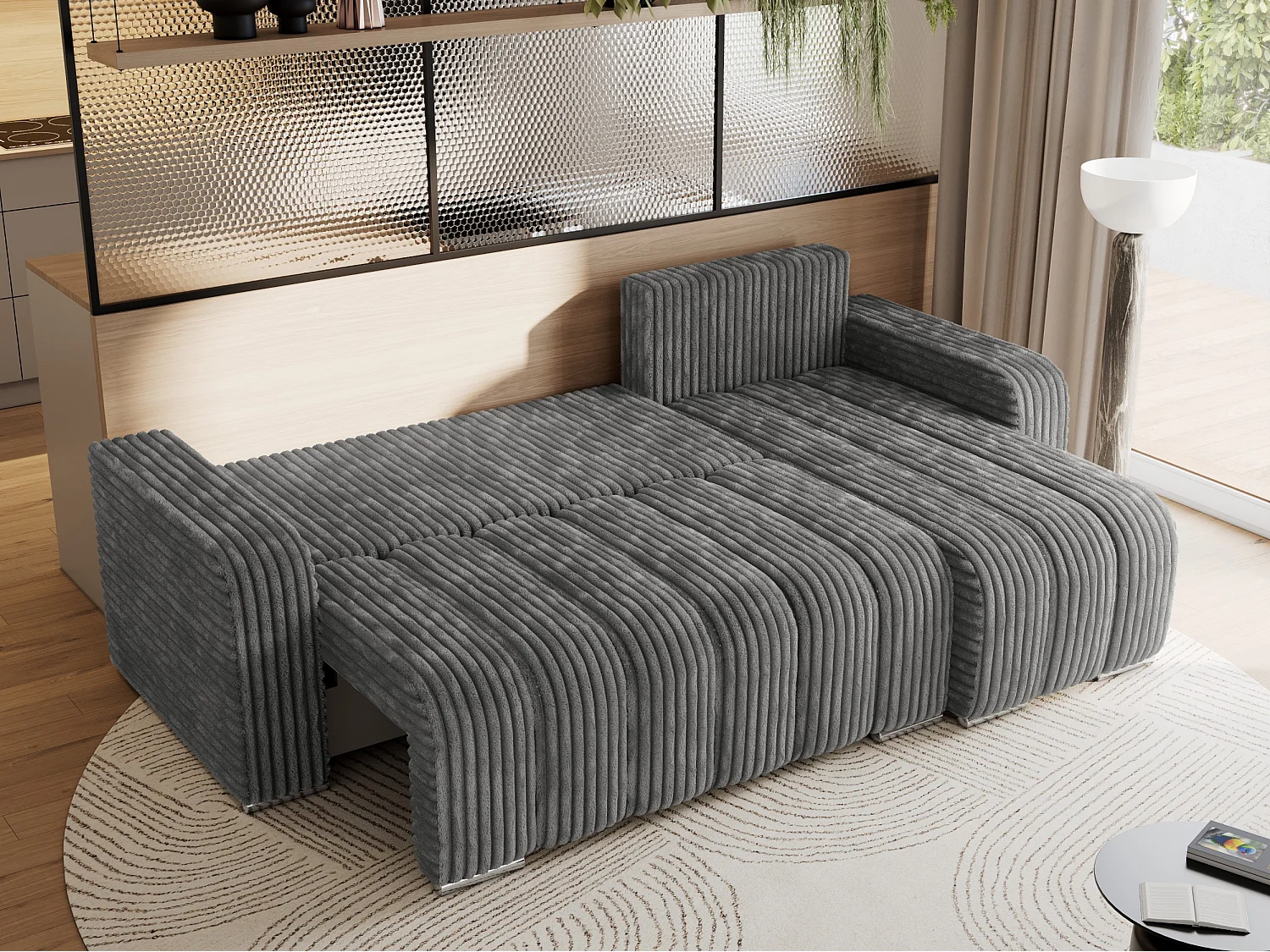 Ecksofa KIRASSO - universelles mit Schlaffunktion und Bettkasten, lose Kissen, Armlehnen - Dunkelgrau Cord