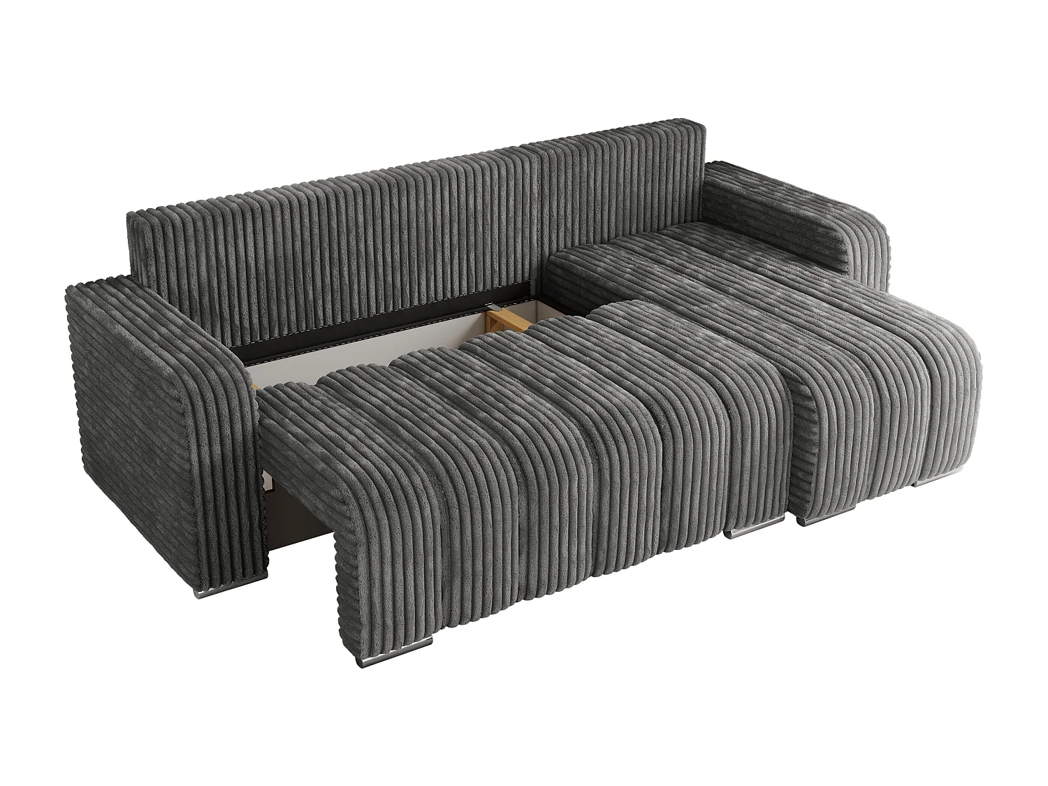 Ecksofa KIRASSO - universelles mit Schlaffunktion und Bettkasten, lose Kissen, Armlehnen - Dunkelgrau Cord