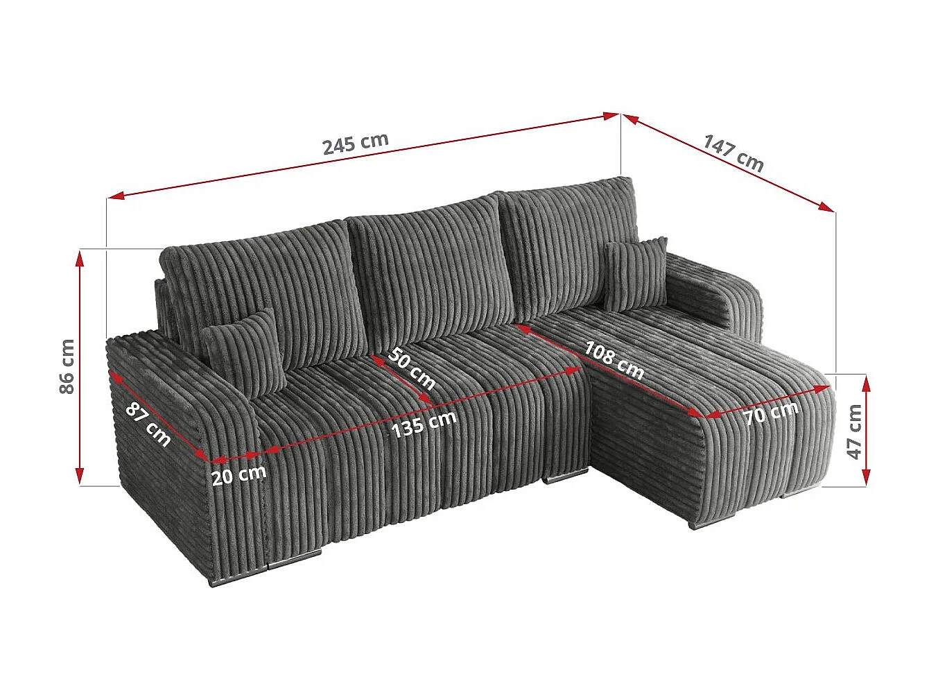 Ecksofa KIRASSO - universelles mit Schlaffunktion und Bettkasten, lose Kissen, Armlehnen - Dunkelgrau Cord