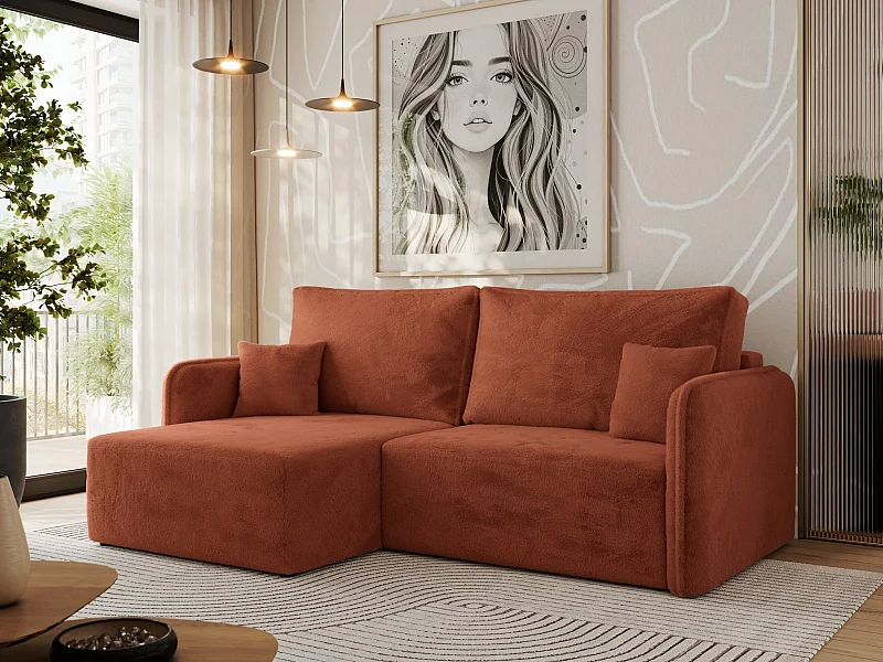 Ecksofa MESTO - Schlaffunktion und Bettkasten, L-form Couch für das Wohnzimmer, Armlehnen - Orange Plüsch - Ecke Links
