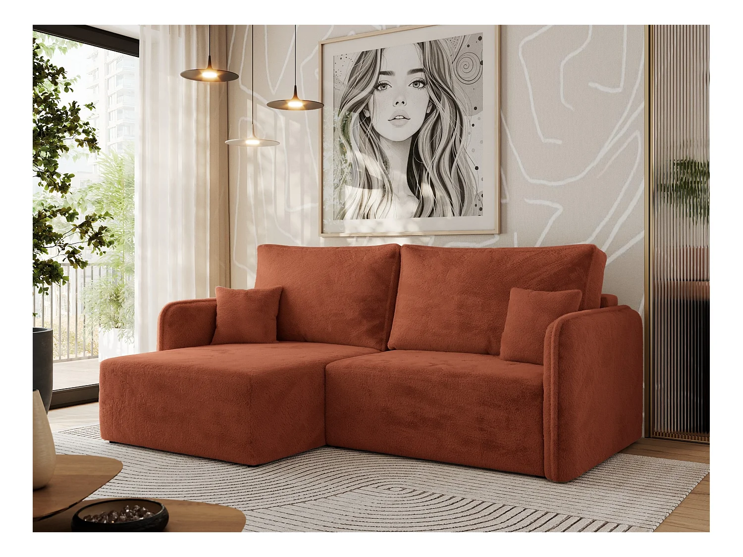 Ecksofa MESTO - Schlaffunktion und Bettkasten, L-form Couch für das Wohnzimmer, Armlehnen - Orange Plüsch - Ecke Links