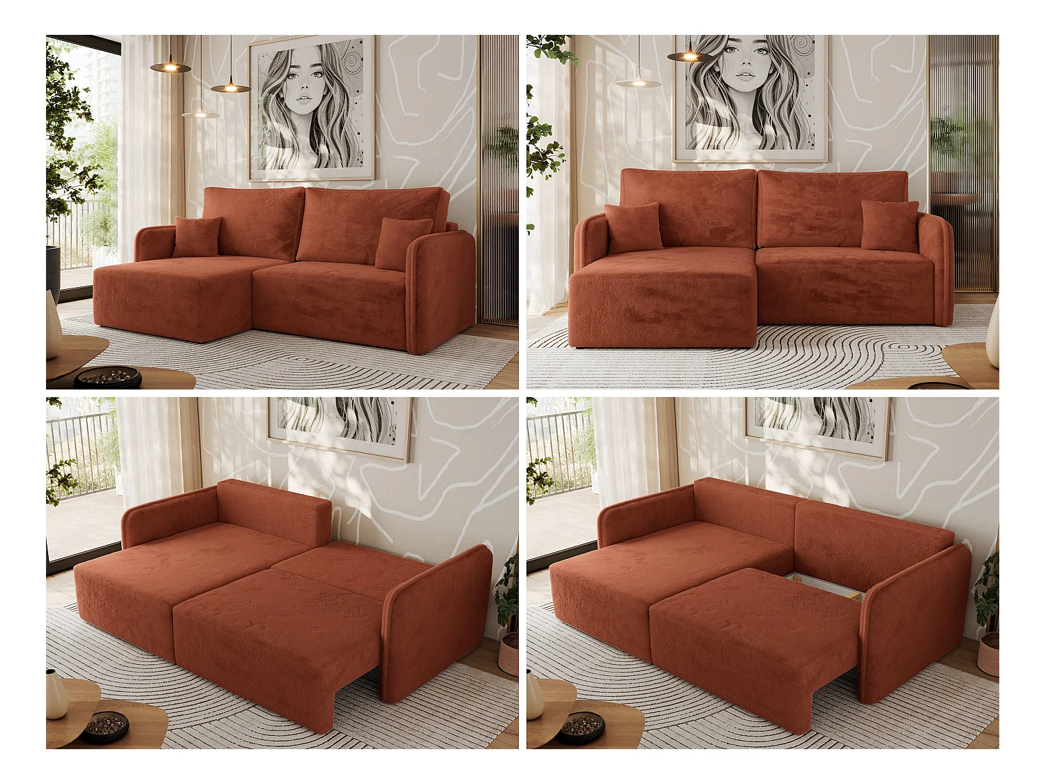 Ecksofa MESTO - Schlaffunktion und Bettkasten, L-form Couch für das Wohnzimmer, Armlehnen - Orange Plüsch - Ecke Links