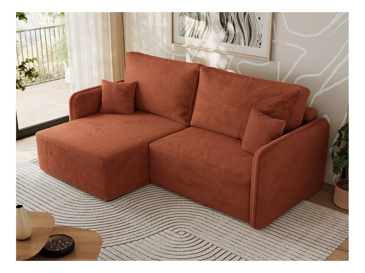 Ecksofa MESTO - Schlaffunktion und Bettkasten, L-form Couch für das Wohnzimmer, Armlehnen - Orange Plüsch - Ecke Links
