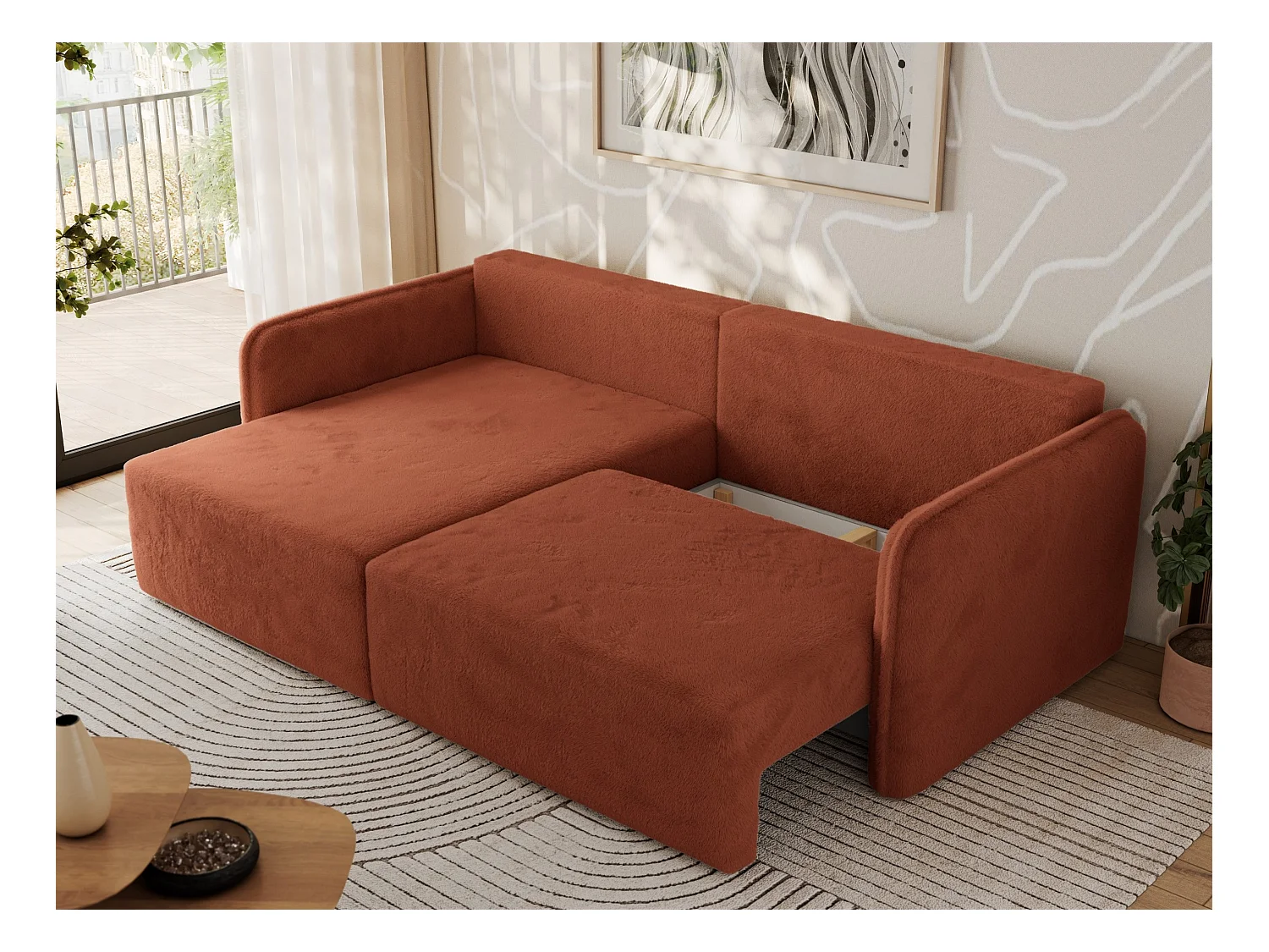 Ecksofa MESTO - Schlaffunktion und Bettkasten, L-form Couch für das Wohnzimmer, Armlehnen - Orange Plüsch - Ecke Links