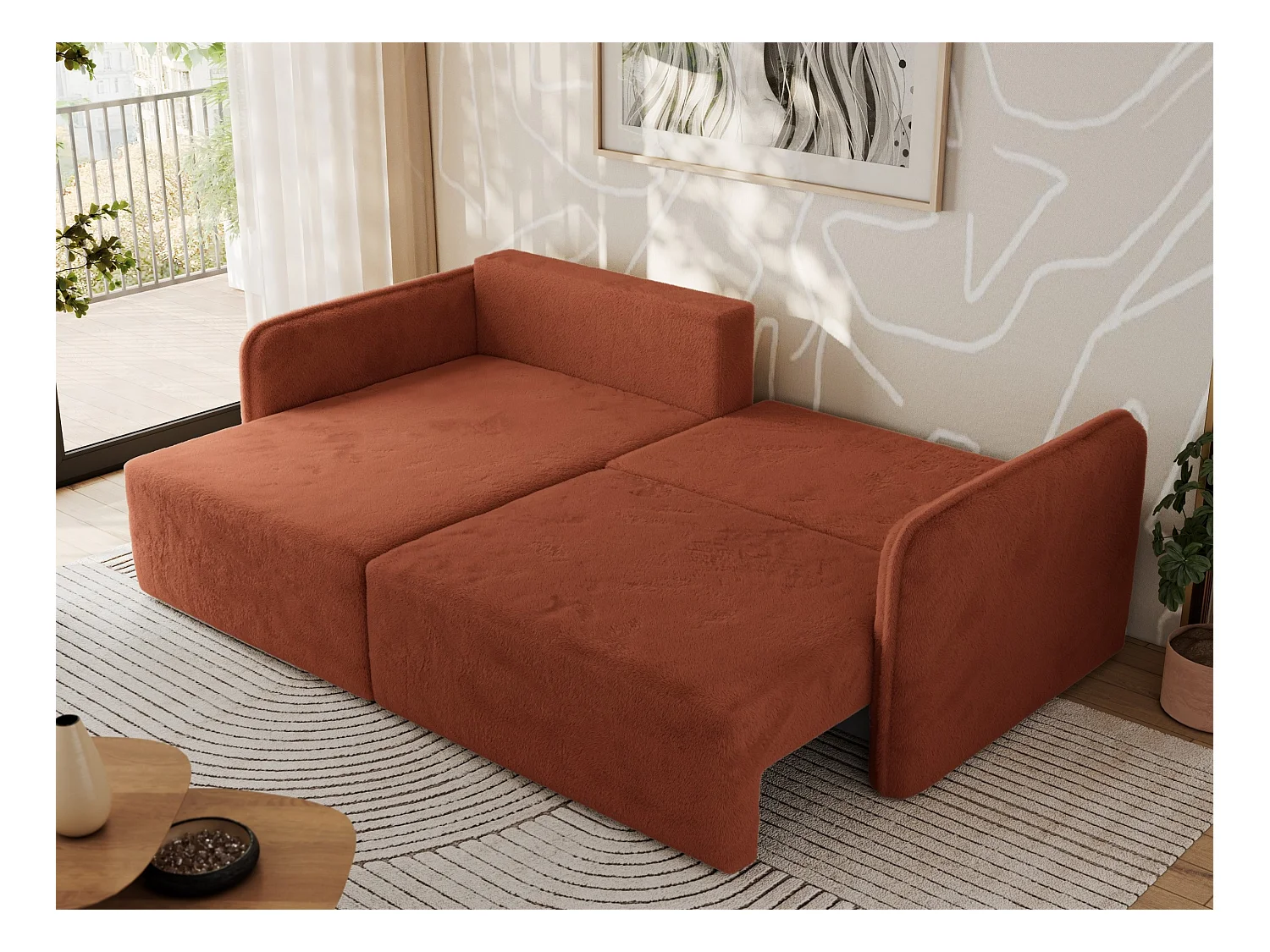 Ecksofa MESTO - Schlaffunktion und Bettkasten, L-form Couch für das Wohnzimmer, Armlehnen - Orange Plüsch - Ecke Links
