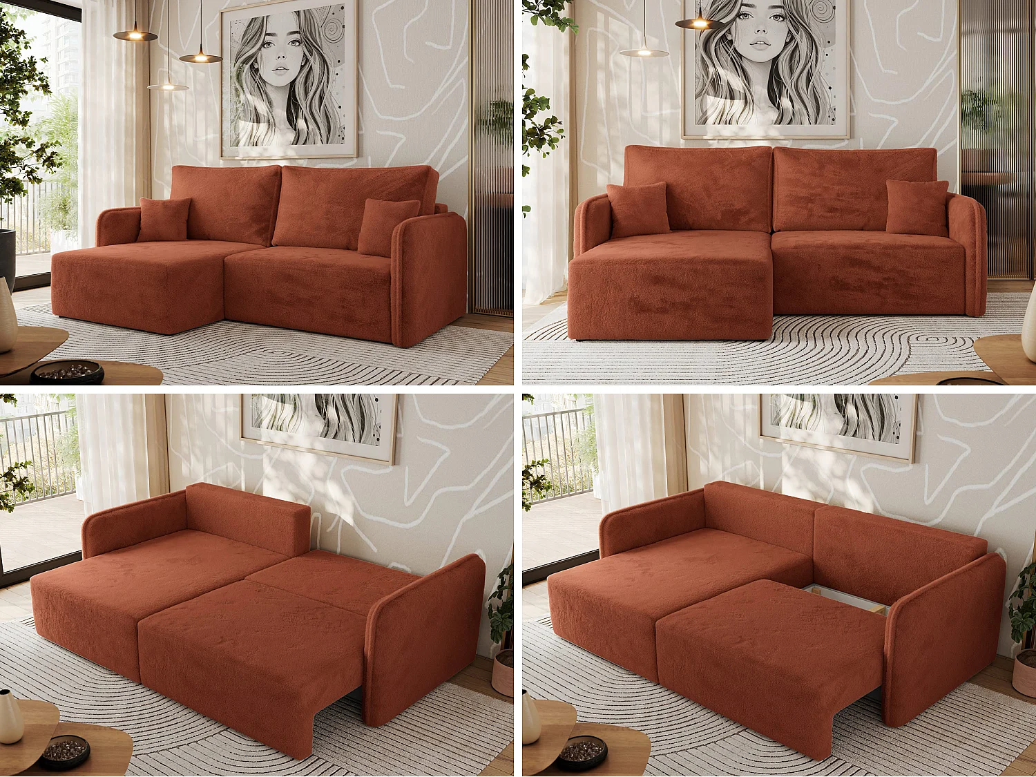 Ecksofa MESTO - Schlaffunktion und Bettkasten, L-form Couch für das Wohnzimmer, Armlehnen - Orange Plüsch - Ecke Links