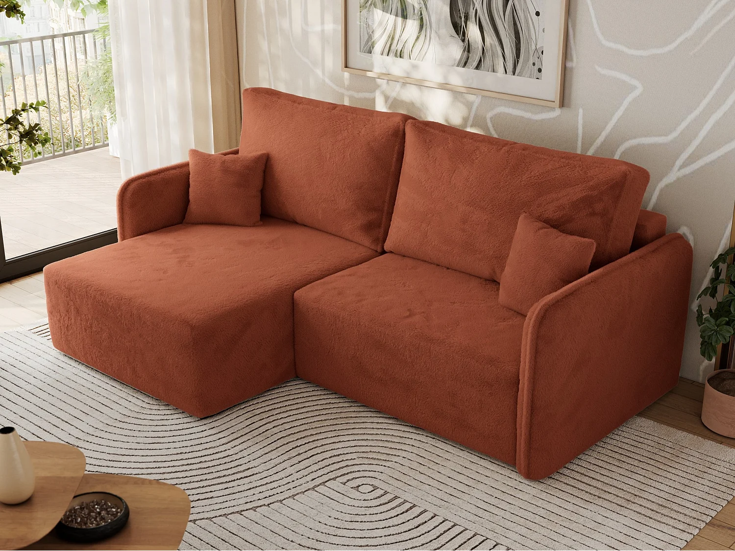 Ecksofa MESTO - Schlaffunktion und Bettkasten, L-form Couch für das Wohnzimmer, Armlehnen - Orange Plüsch - Ecke Links