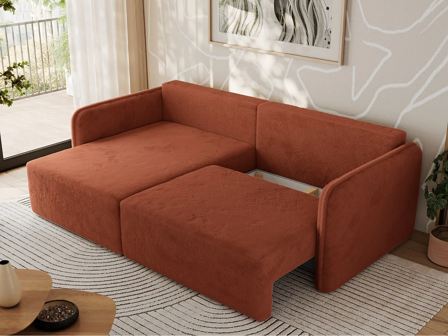 Ecksofa MESTO - Schlaffunktion und Bettkasten, L-form Couch für das Wohnzimmer, Armlehnen - Orange Plüsch - Ecke Links