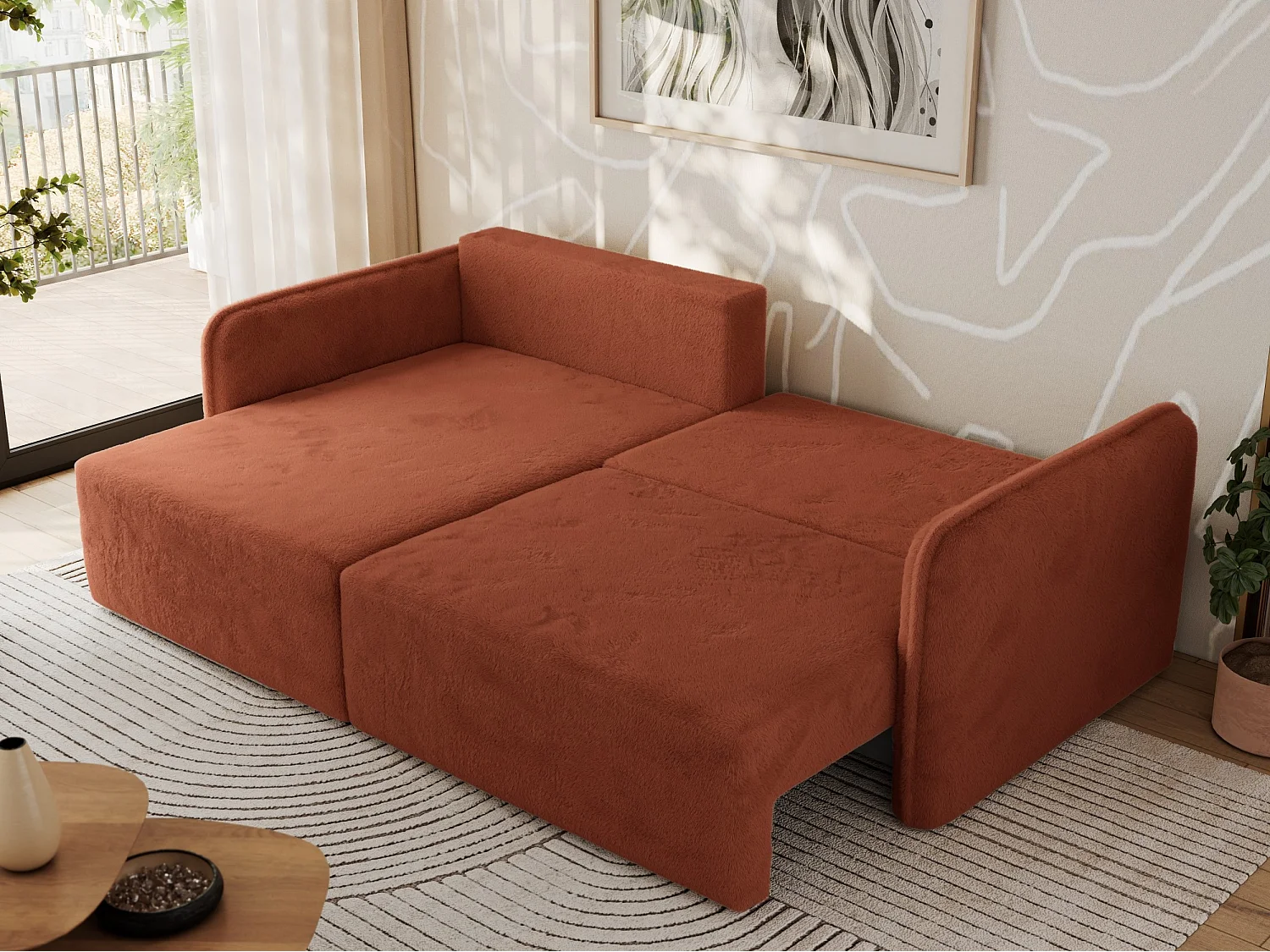Ecksofa MESTO - Schlaffunktion und Bettkasten, L-form Couch für das Wohnzimmer, Armlehnen - Orange Plüsch - Ecke Links
