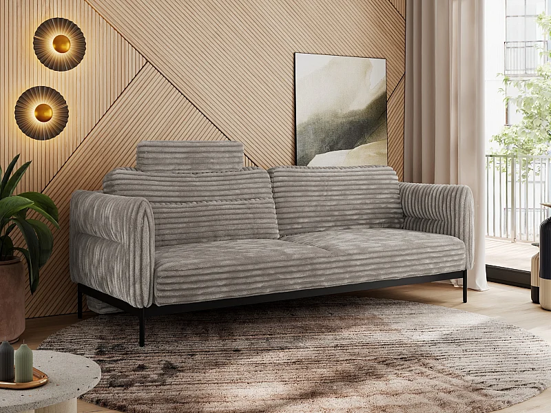 Sofa SALENTO - 3-Sitzer mit Metallbeine, mobile Kopfstütze, Schlafsofa mit lose Kissen - Hellbraun Cord