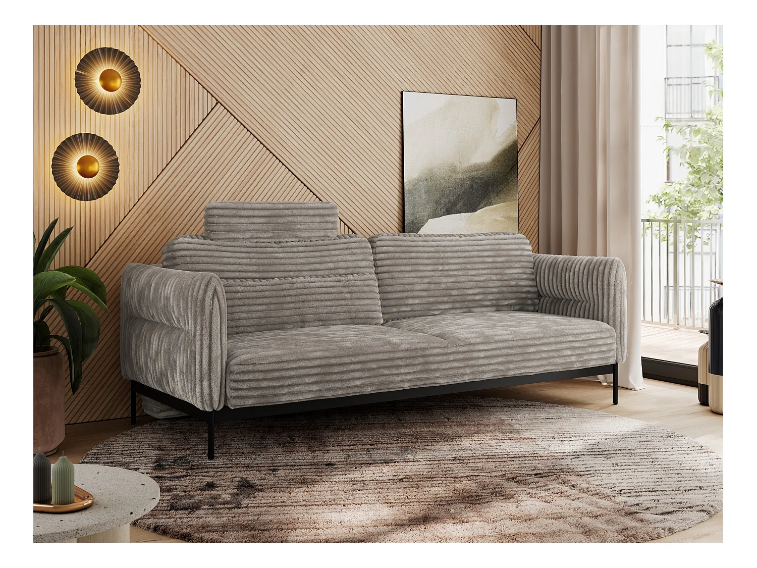 Sofa SALENTO - 3-Sitzer mit Metallbeine, mobile Kopfstütze, Schlafsofa mit lose Kissen - Hellbraun Cord