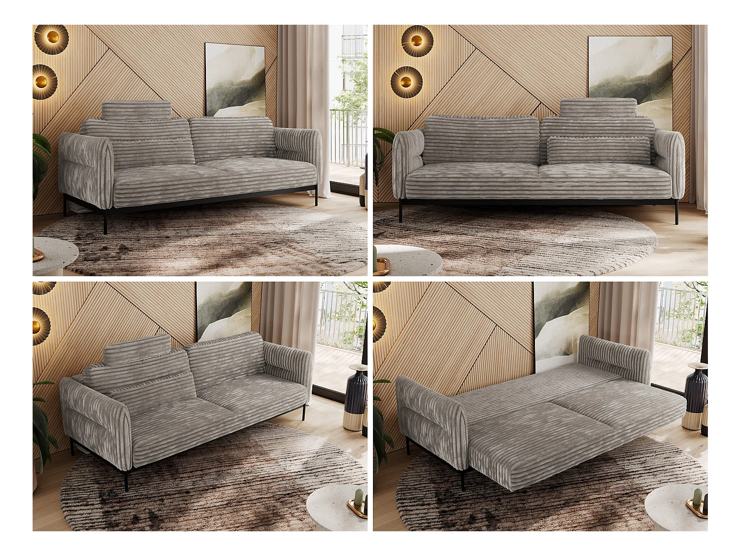 Sofa SALENTO - 3-Sitzer mit Metallbeine, mobile Kopfstütze, Schlafsofa mit lose Kissen - Hellbraun Cord