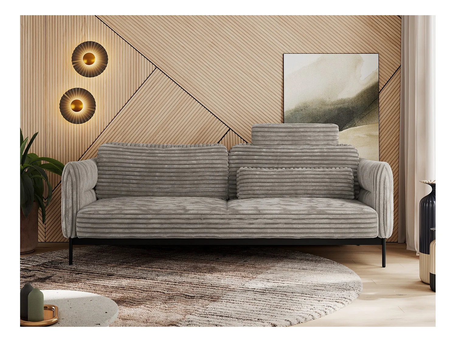 Sofa SALENTO - 3-Sitzer mit Metallbeine, mobile Kopfstütze, Schlafsofa mit lose Kissen - Hellbraun Cord