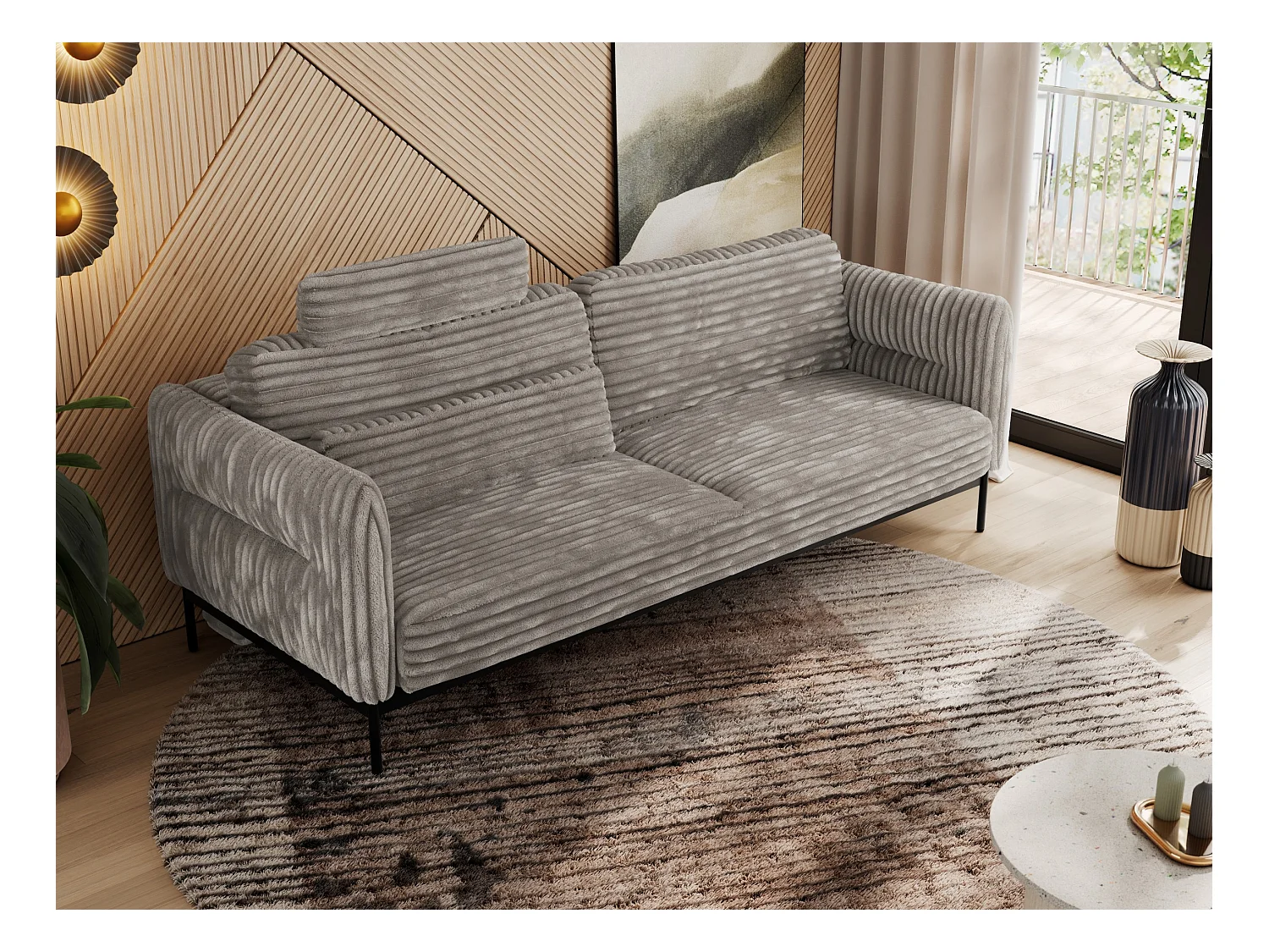 Sofa SALENTO - 3-Sitzer mit Metallbeine, mobile Kopfstütze, Schlafsofa mit lose Kissen - Hellbraun Cord