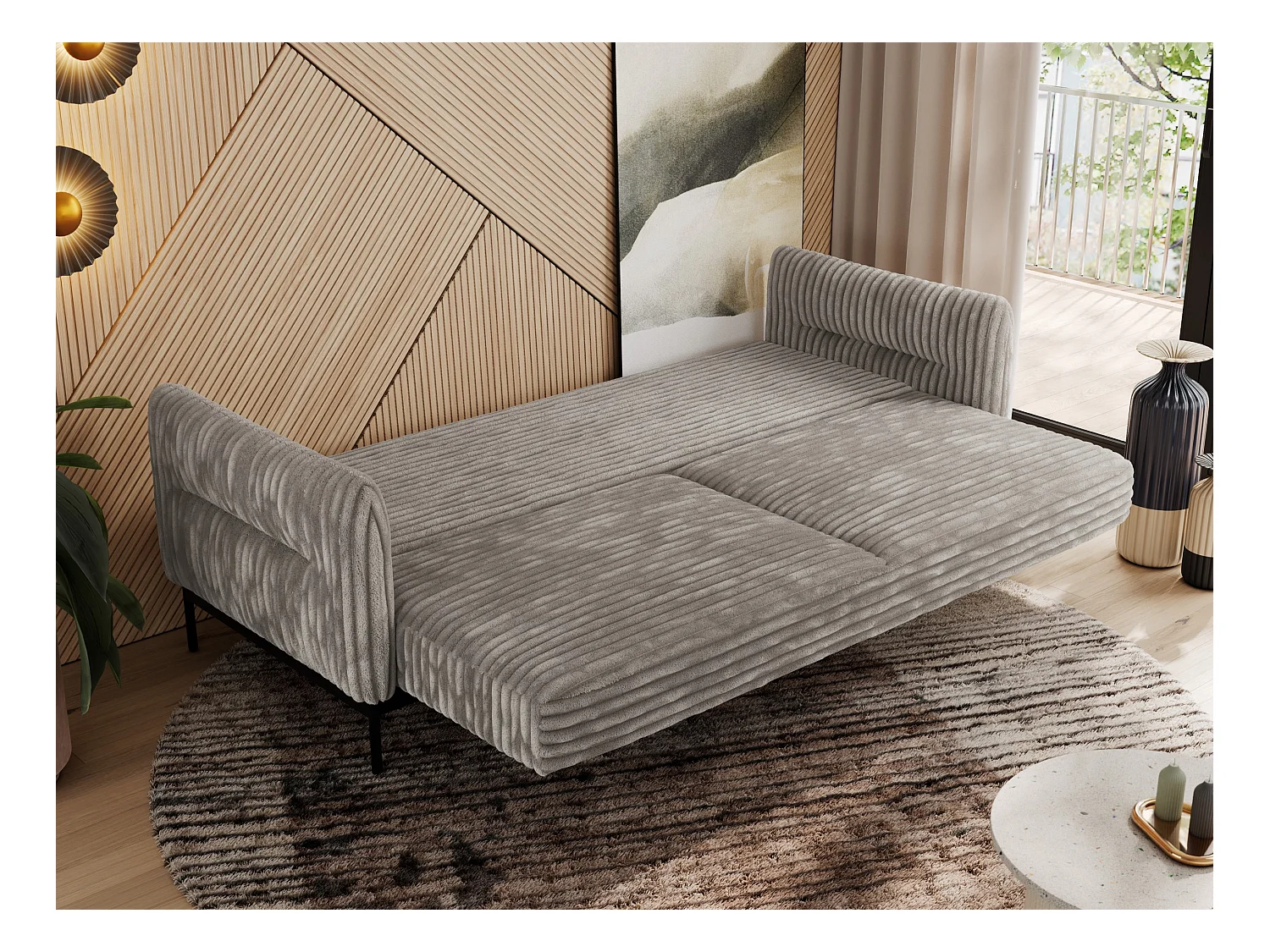 Sofa SALENTO - 3-Sitzer mit Metallbeine, mobile Kopfstütze, Schlafsofa mit lose Kissen - Hellbraun Cord