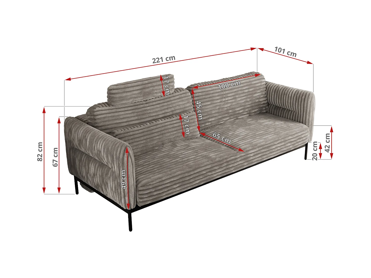 Sofa SALENTO - 3-Sitzer mit Metallbeine, mobile Kopfstütze, Schlafsofa mit lose Kissen - Hellbraun Cord