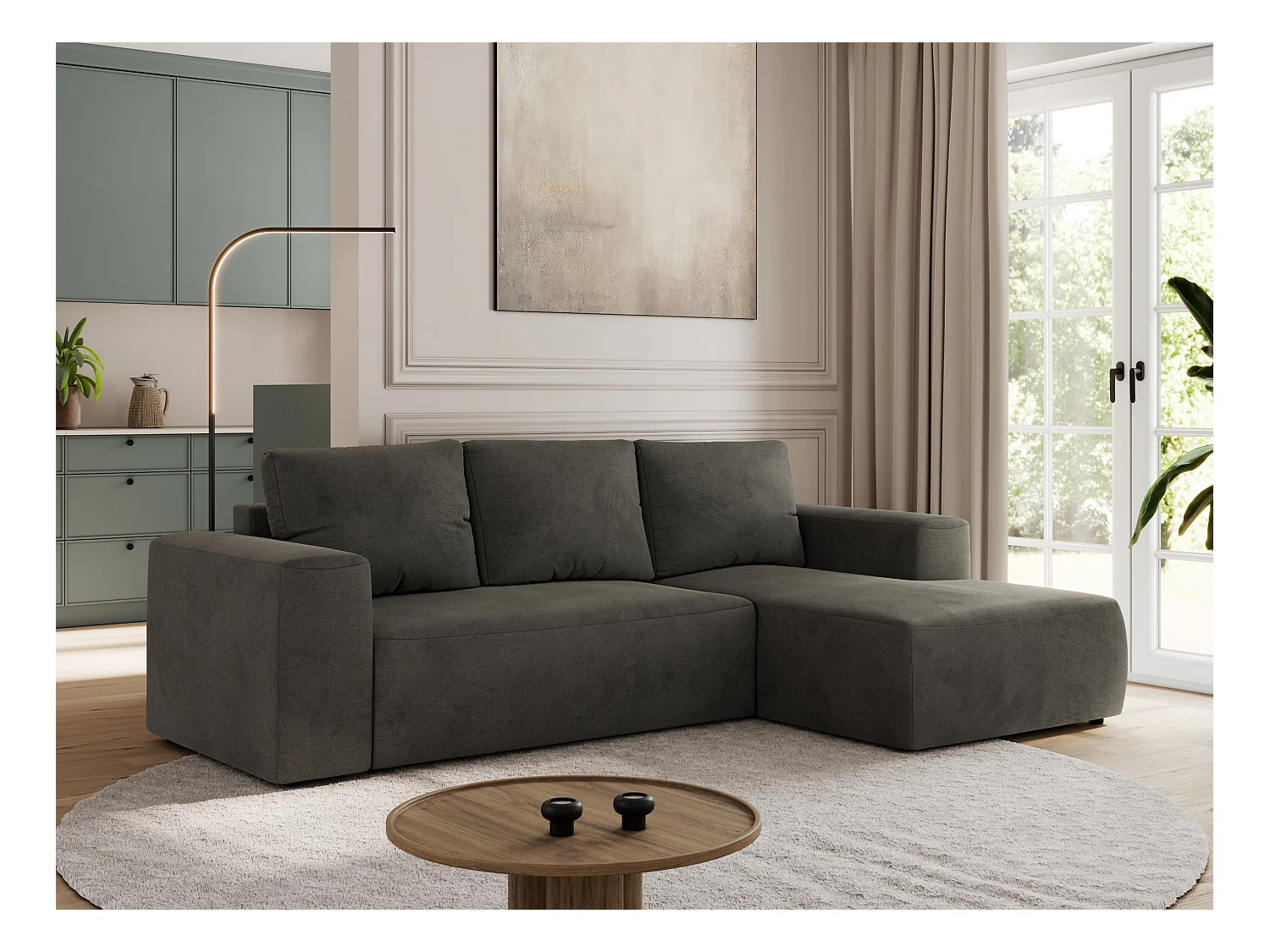 Ecksofa TRENTINO - mit Schlaffunktion und Bettkasten, L-form Couch, lose Kissen und Armlehnen - Dunkelgrau Velvet - Ecke Rechts