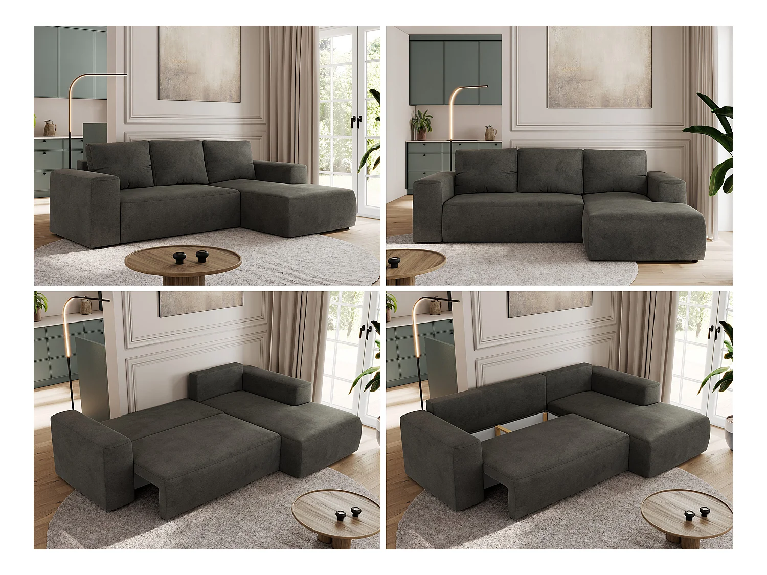 Ecksofa TRENTINO - mit Schlaffunktion und Bettkasten, L-form Couch, lose Kissen und Armlehnen - Dunkelgrau Velvet - Ecke Rechts