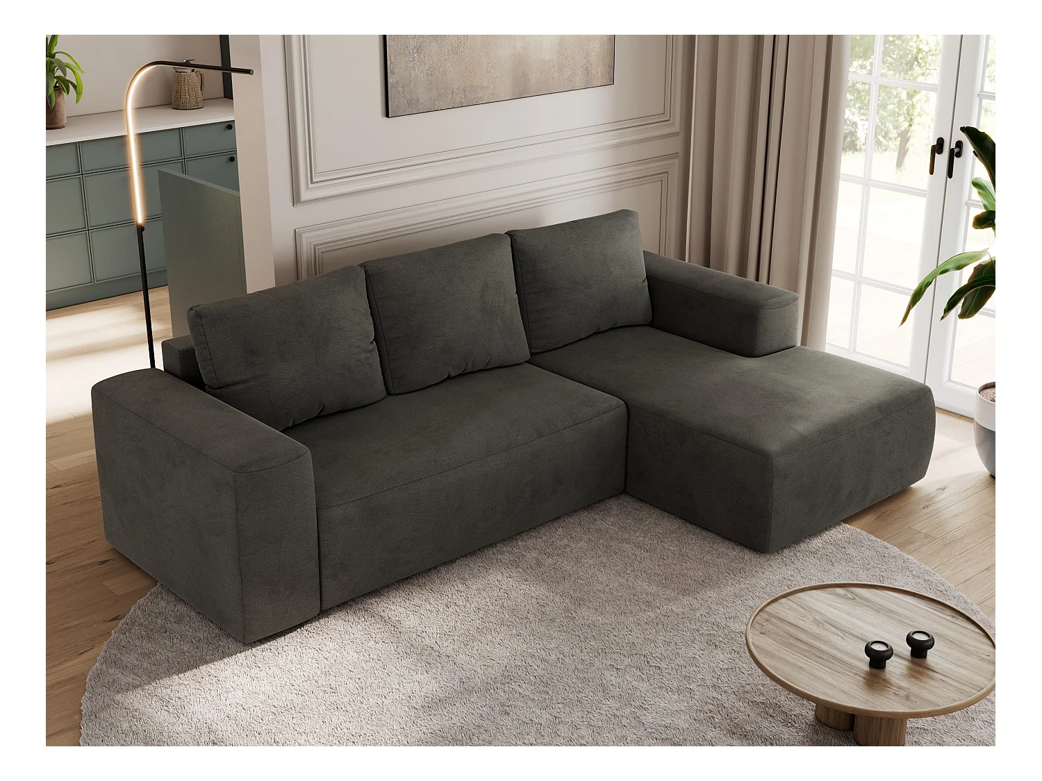 Ecksofa TRENTINO - mit Schlaffunktion und Bettkasten, L-form Couch, lose Kissen und Armlehnen - Dunkelgrau Velvet - Ecke Rechts