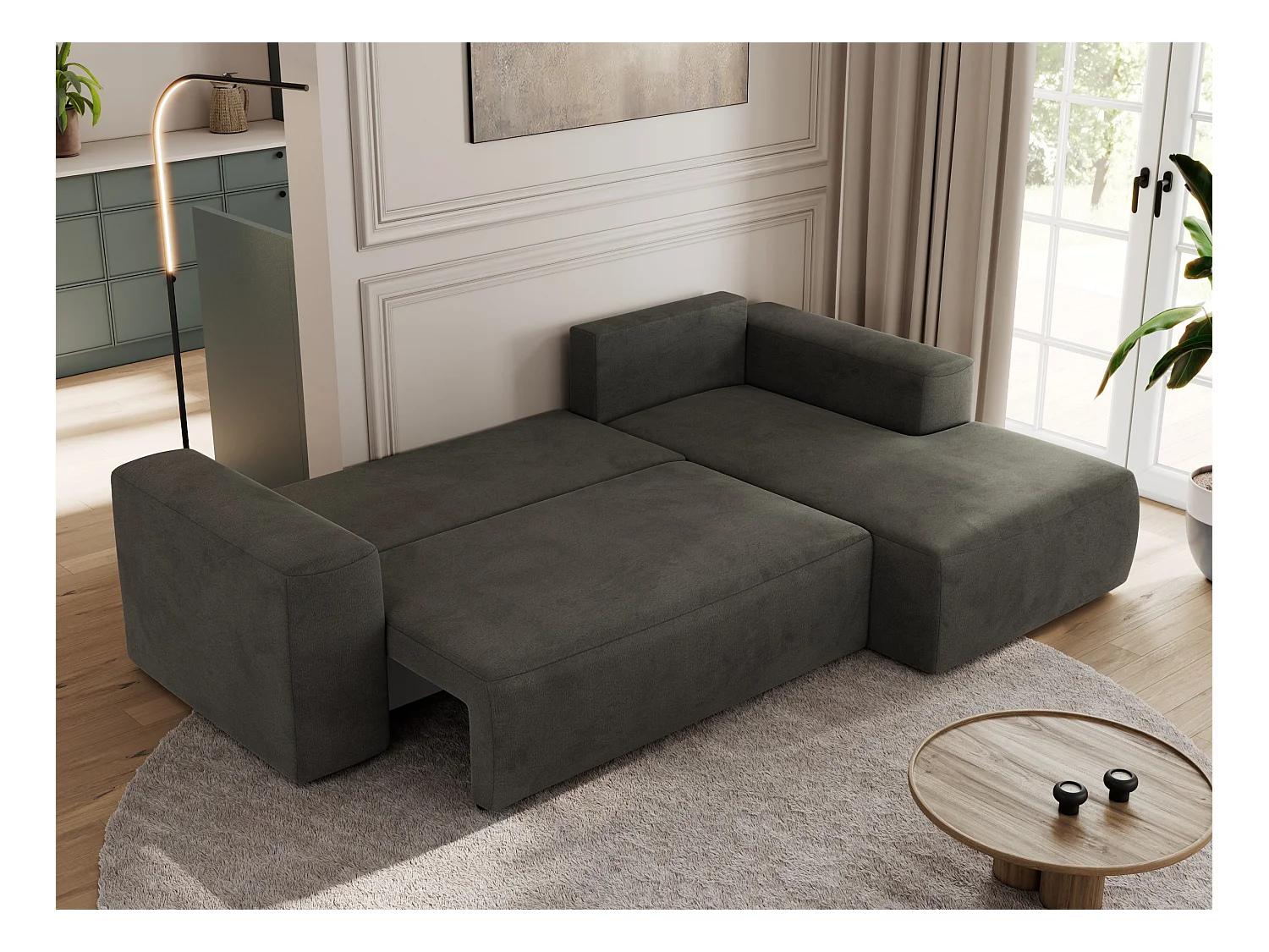 Ecksofa TRENTINO - mit Schlaffunktion und Bettkasten, L-form Couch, lose Kissen und Armlehnen - Dunkelgrau Velvet - Ecke Rechts