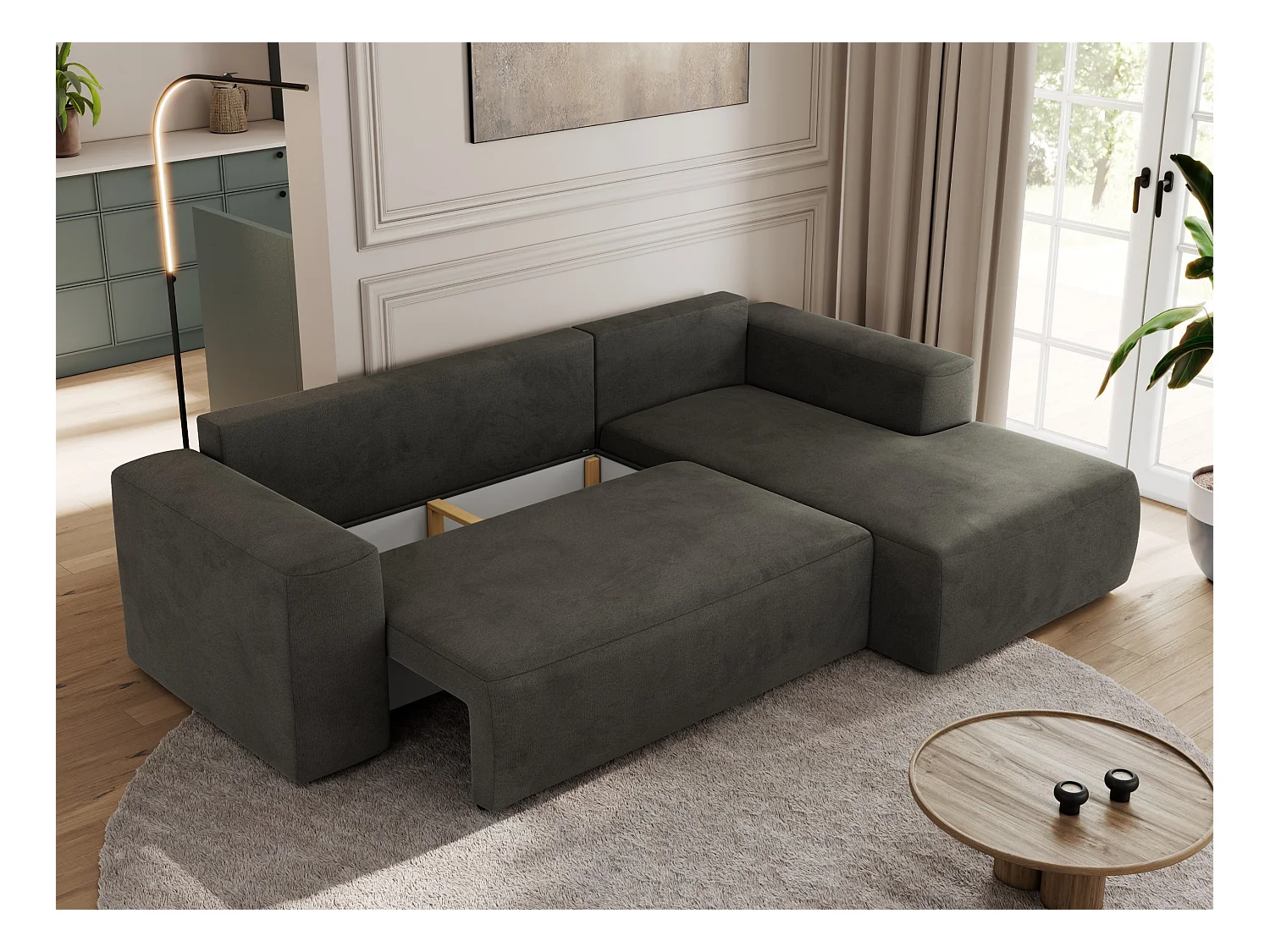 Ecksofa TRENTINO - mit Schlaffunktion und Bettkasten, L-form Couch, lose Kissen und Armlehnen - Dunkelgrau Velvet - Ecke Rechts
