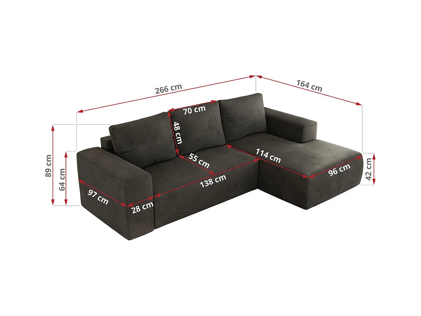 Ecksofa TRENTINO - mit Schlaffunktion und Bettkasten, L-form Couch, lose Kissen und Armlehnen - Dunkelgrau Velvet - Ecke Rechts