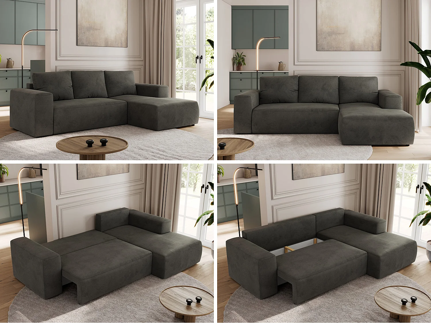 Ecksofa TRENTINO - mit Schlaffunktion und Bettkasten, L-form Couch, lose Kissen und Armlehnen - Dunkelgrau Velvet - Ecke Rechts