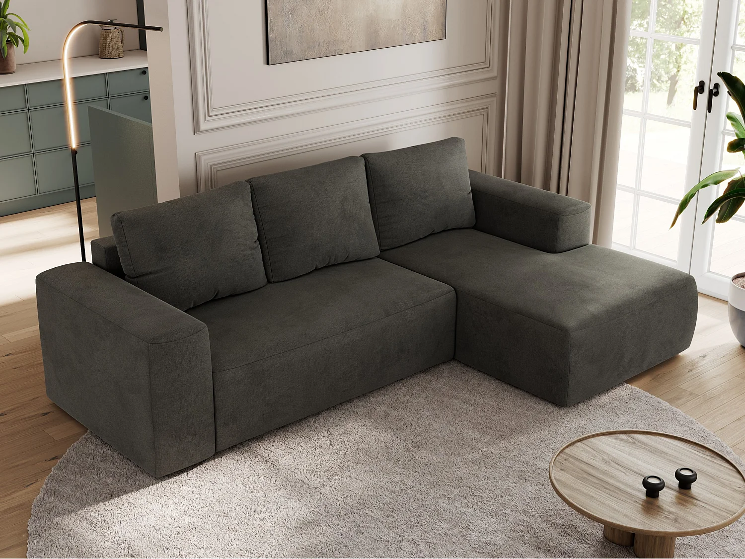 Ecksofa TRENTINO - mit Schlaffunktion und Bettkasten, L-form Couch, lose Kissen und Armlehnen - Dunkelgrau Velvet - Ecke Rechts