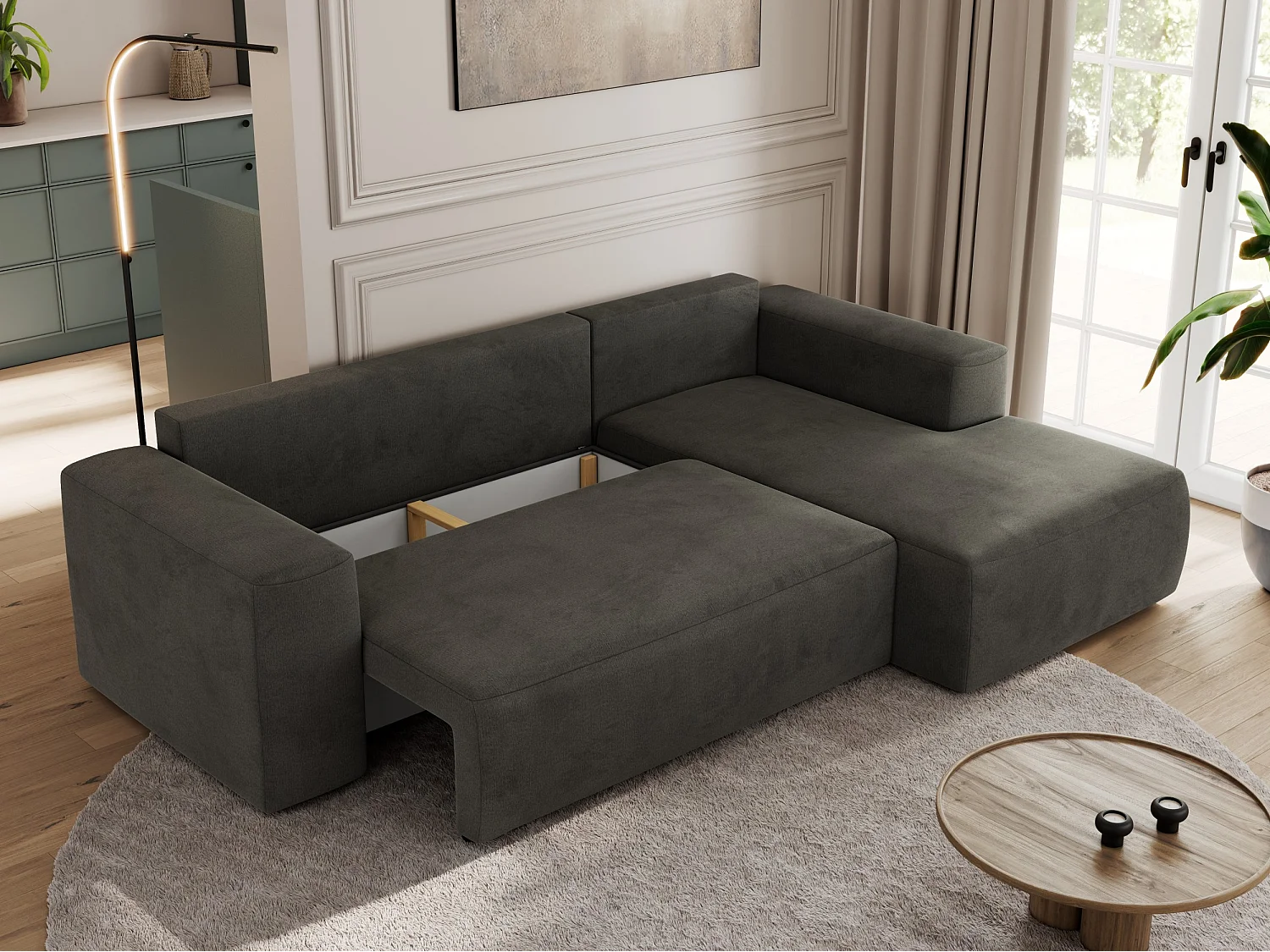 Ecksofa TRENTINO - mit Schlaffunktion und Bettkasten, L-form Couch, lose Kissen und Armlehnen - Dunkelgrau Velvet - Ecke Rechts