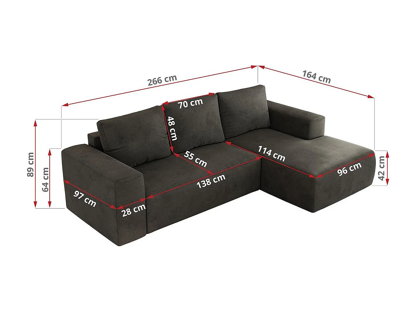 Ecksofa TRENTINO - mit Schlaffunktion und Bettkasten, L-form Couch, lose Kissen und Armlehnen - Dunkelgrau Velvet - Ecke Rechts