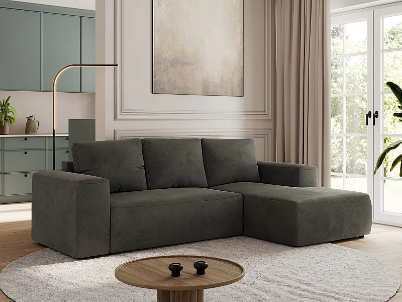 Ecksofa TRENTINO - mit Schlaffunktion und Bettkasten, L-form Couch, lose Kissen und Armlehnen - Dunkelgrau Velvet - Ecke Rechts