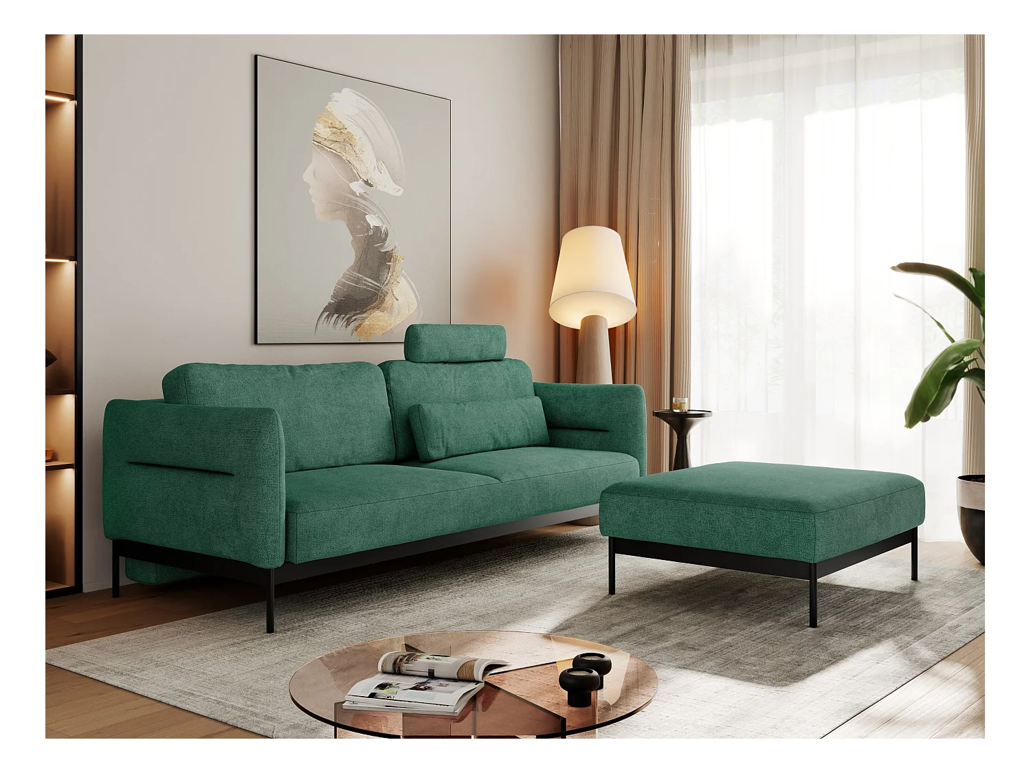 Ecksofa SALENTO - mit Metallbeine, Schlafsofa, mobilen Fußhocker, lose Kissen - Grün Struktur