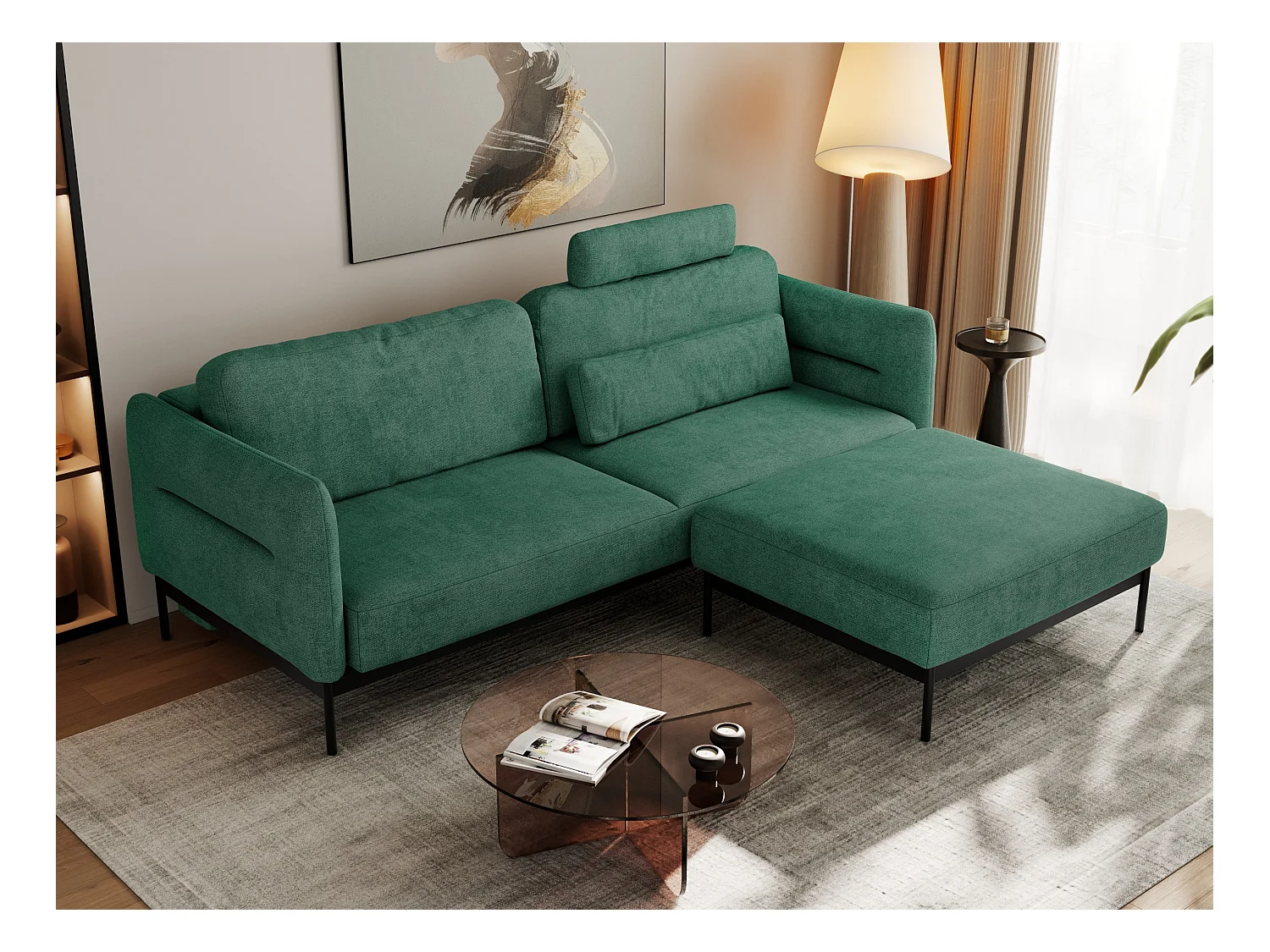Ecksofa SALENTO - mit Metallbeine, Schlafsofa, mobilen Fußhocker, lose Kissen - Grün Struktur