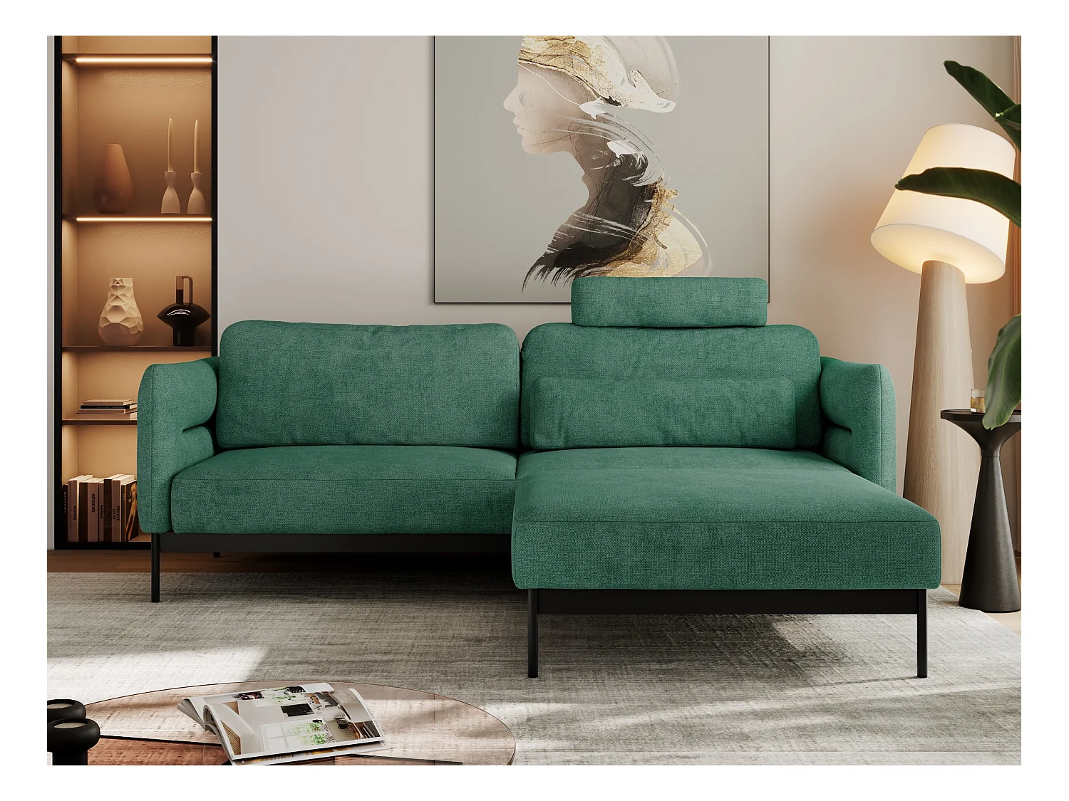 Ecksofa SALENTO - mit Metallbeine, Schlafsofa, mobilen Fußhocker, lose Kissen - Grün Struktur