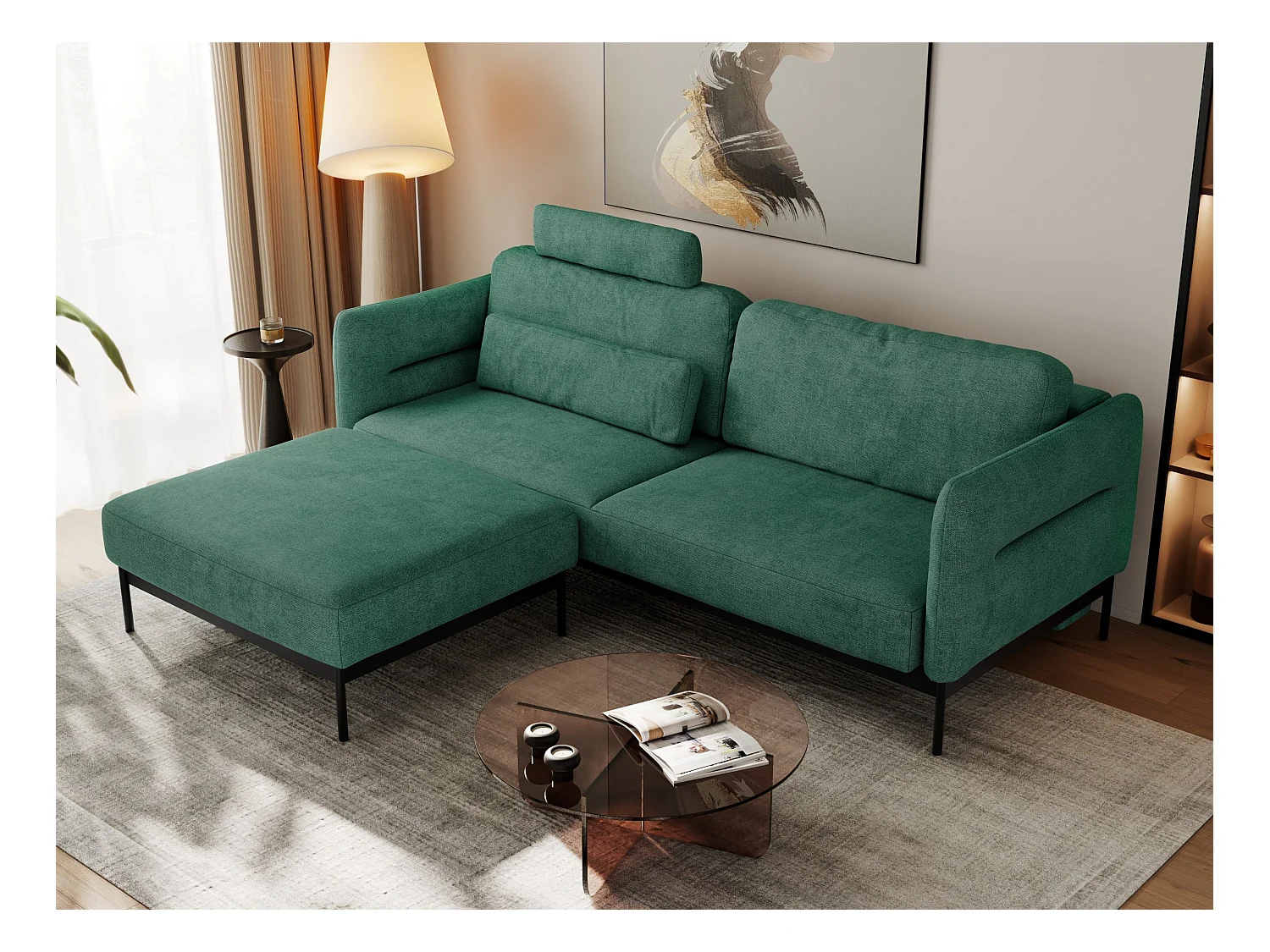 Ecksofa SALENTO - mit Metallbeine, Schlafsofa, mobilen Fußhocker, lose Kissen - Grün Struktur