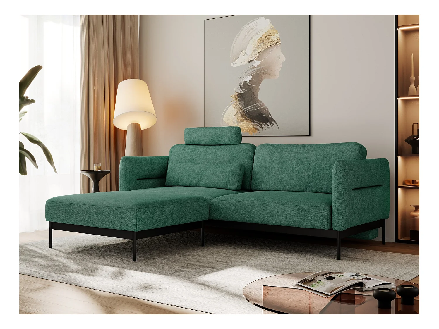 Ecksofa SALENTO - mit Metallbeine, Schlafsofa, mobilen Fußhocker, lose Kissen - Grün Struktur