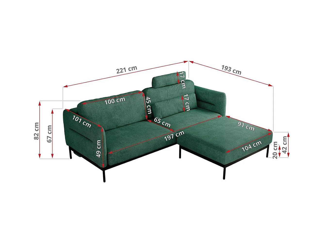 Ecksofa SALENTO - mit Metallbeine, Schlafsofa, mobilen Fußhocker, lose Kissen - Grün Struktur