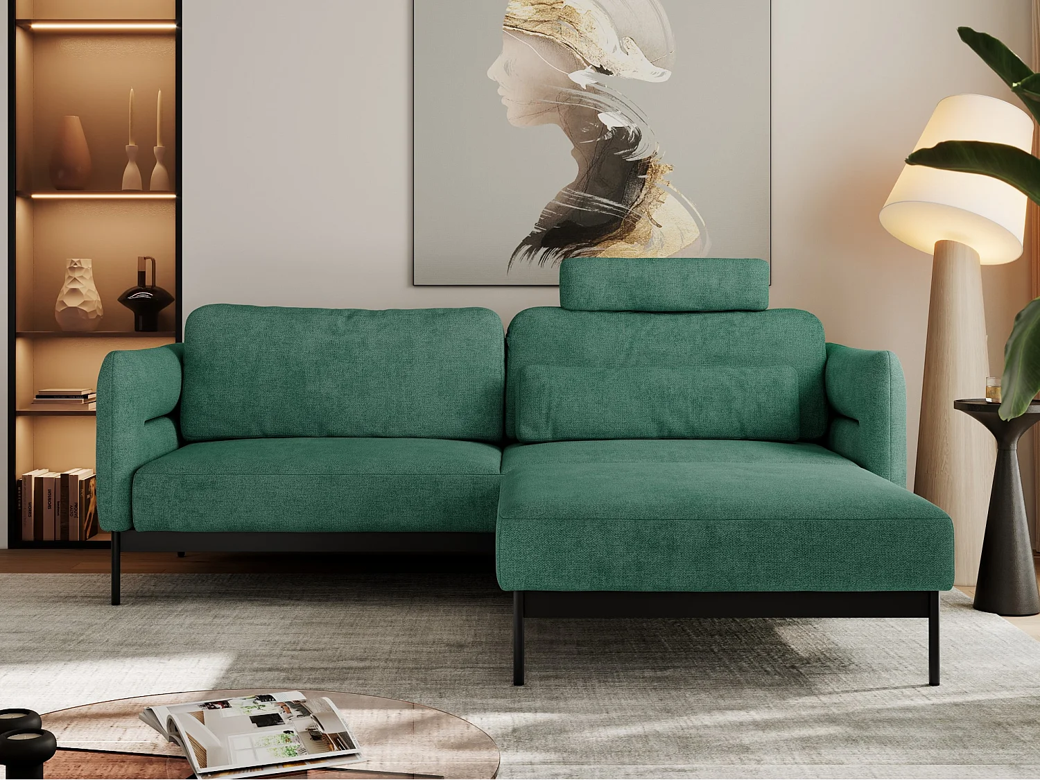 Ecksofa SALENTO - mit Metallbeine, Schlafsofa, mobilen Fußhocker, lose Kissen - Grün Struktur