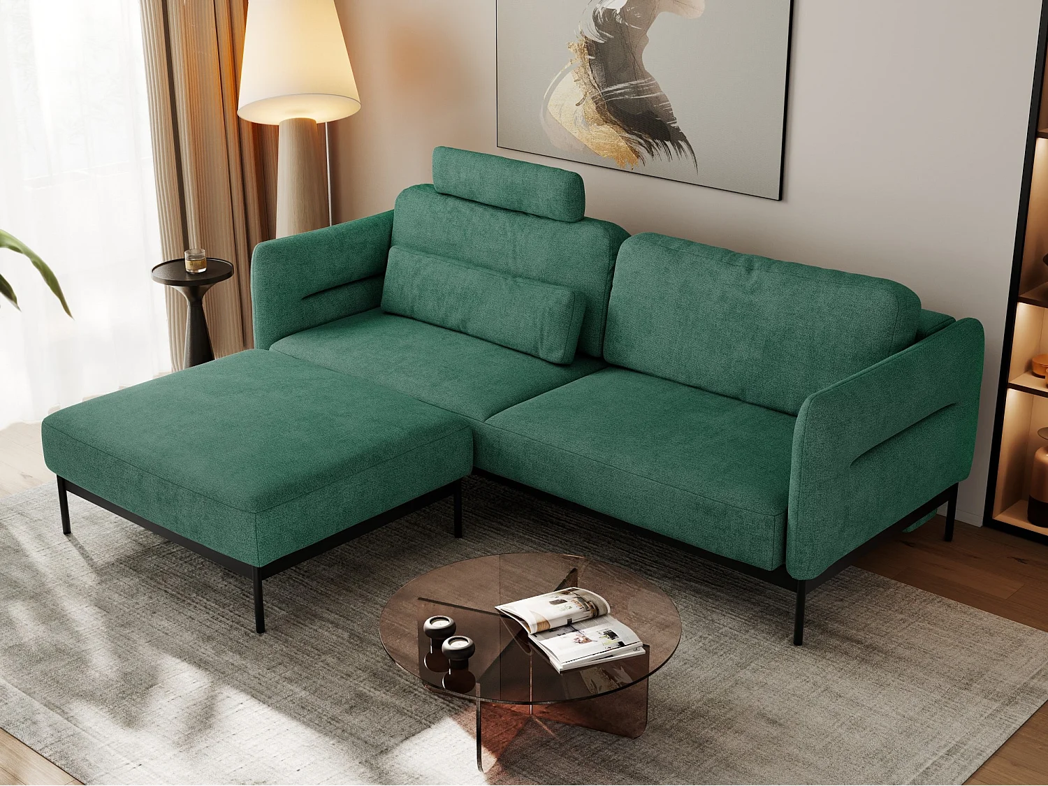 Ecksofa SALENTO - mit Metallbeine, Schlafsofa, mobilen Fußhocker, lose Kissen - Grün Struktur