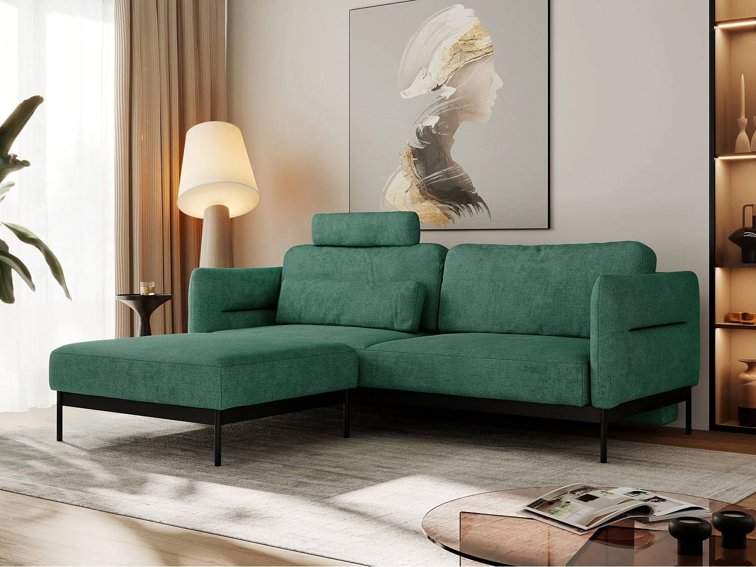 Ecksofa SALENTO - mit Metallbeine, Schlafsofa, mobilen Fußhocker, lose Kissen - Grün Struktur