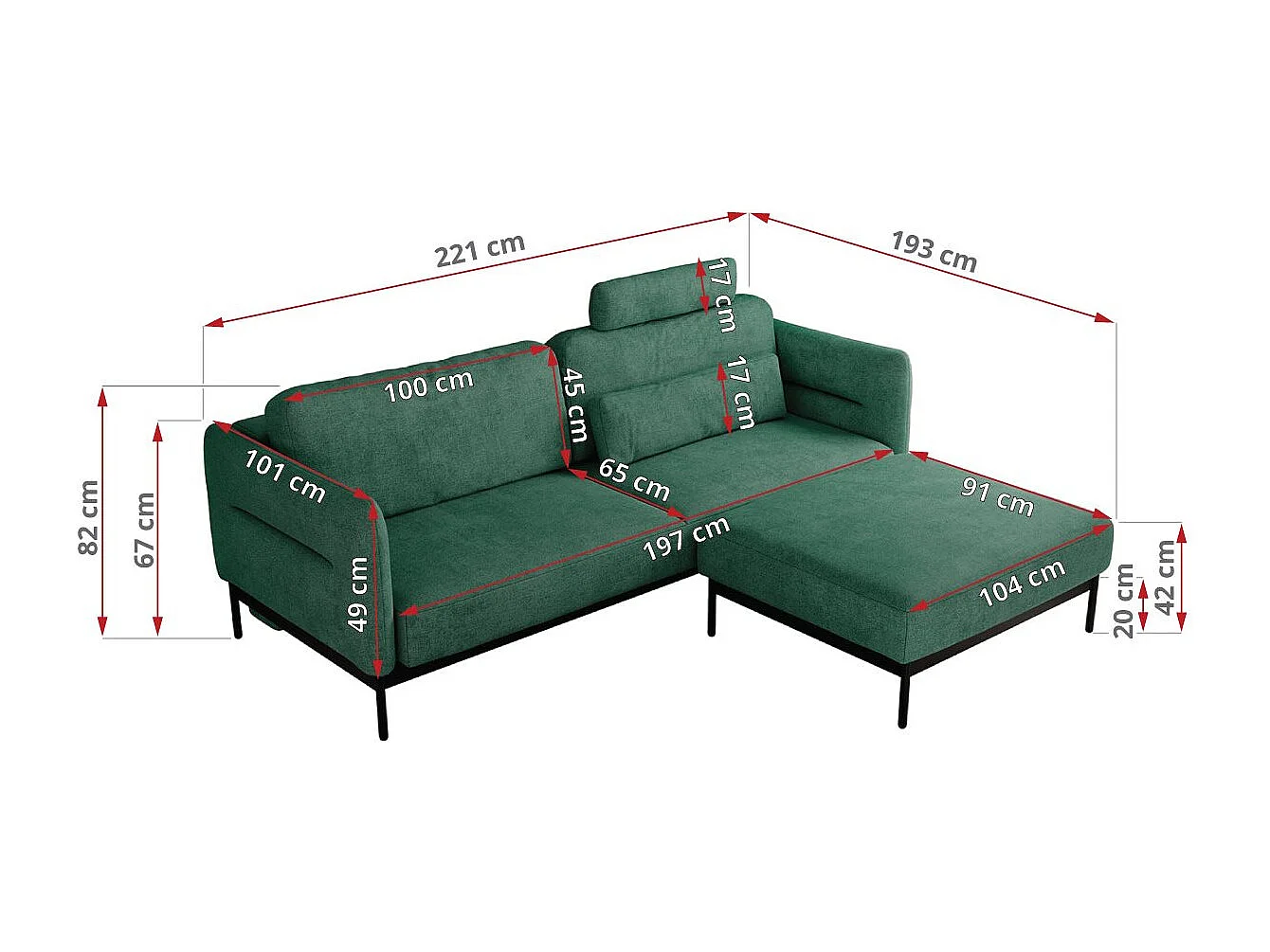 Ecksofa SALENTO - mit Metallbeine, Schlafsofa, mobilen Fußhocker, lose Kissen - Grün Struktur