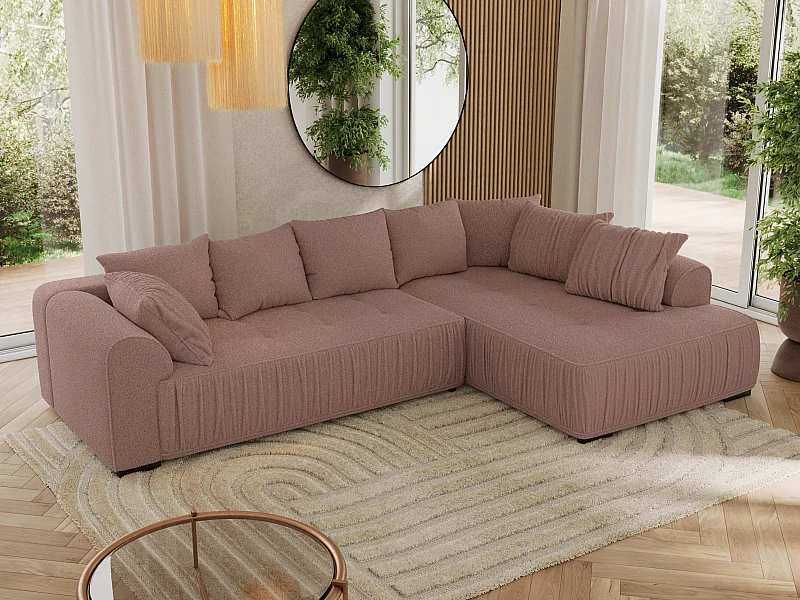 Ecksofa ORTA - Schlaffunktion und Bettkasten, lose Kissen, gesteppter Sitz, L-förmige Ecke - Rosa Boucle - Ecke Rechts