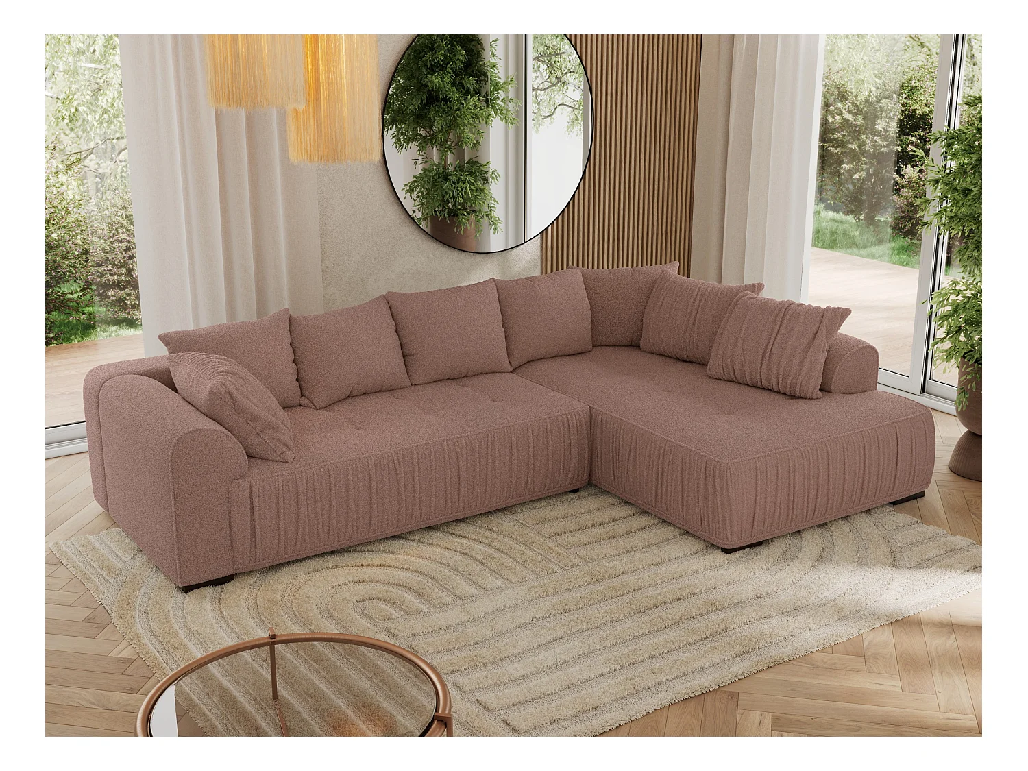 Ecksofa ORTA - Schlaffunktion und Bettkasten, lose Kissen, gesteppter Sitz, L-förmige Ecke - Rosa Boucle - Ecke Rechts