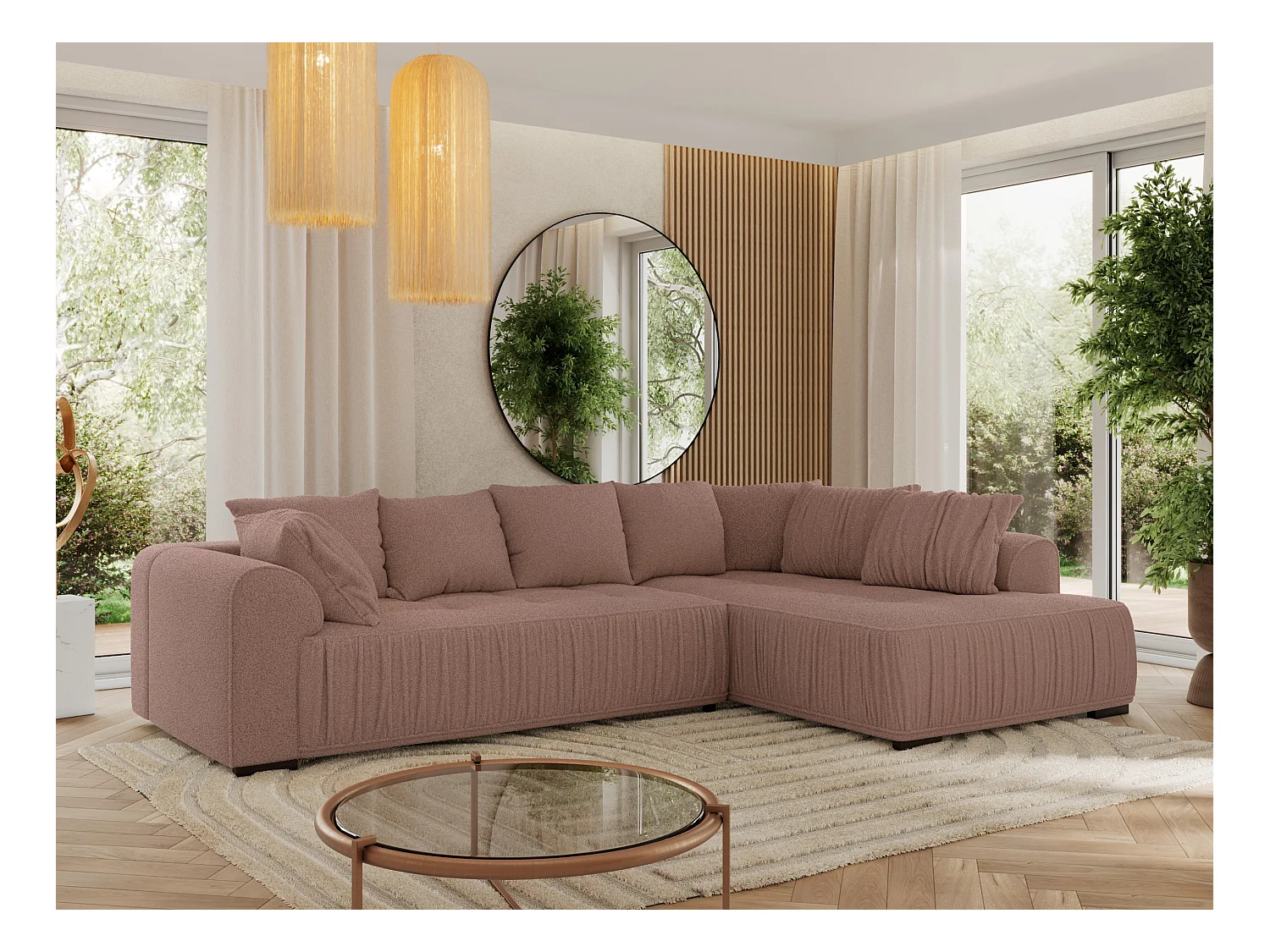 Ecksofa ORTA - Schlaffunktion und Bettkasten, lose Kissen, gesteppter Sitz, L-förmige Ecke - Rosa Boucle - Ecke Rechts