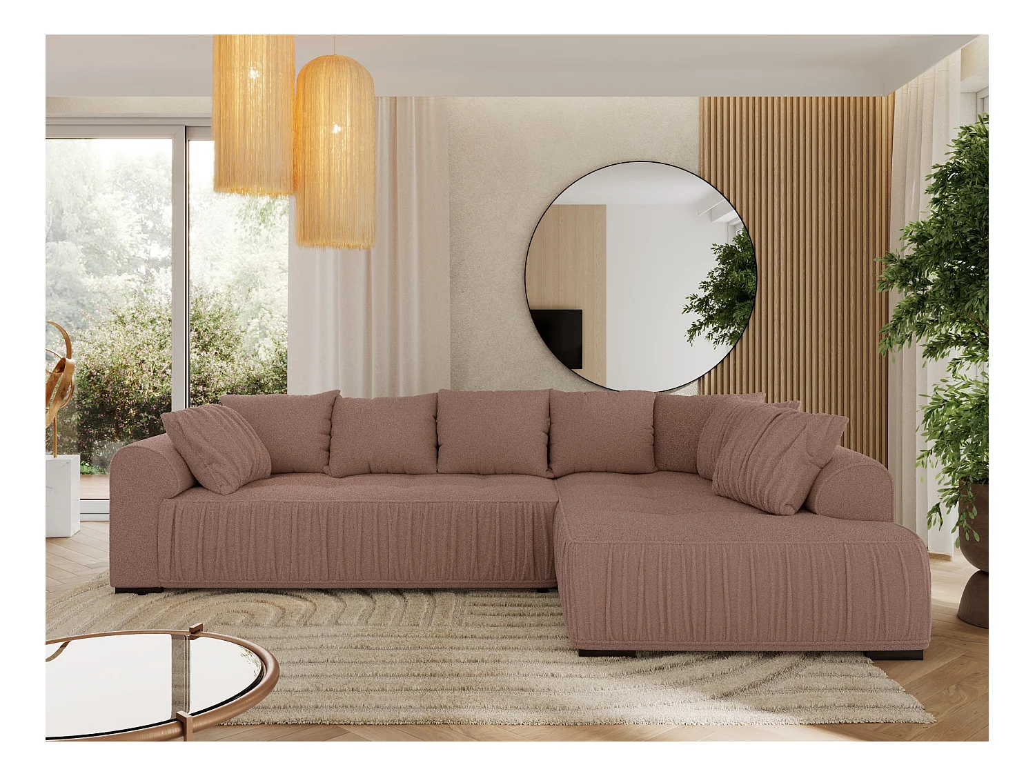 Ecksofa ORTA - Schlaffunktion und Bettkasten, lose Kissen, gesteppter Sitz, L-förmige Ecke - Rosa Boucle - Ecke Rechts