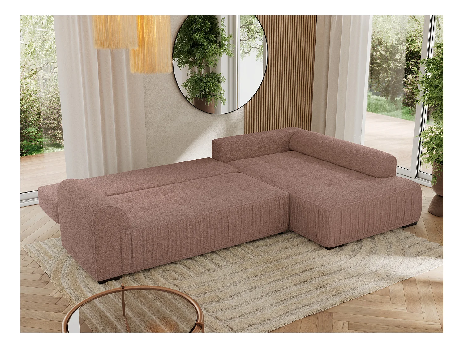 Ecksofa ORTA - Schlaffunktion und Bettkasten, lose Kissen, gesteppter Sitz, L-förmige Ecke - Rosa Boucle - Ecke Rechts