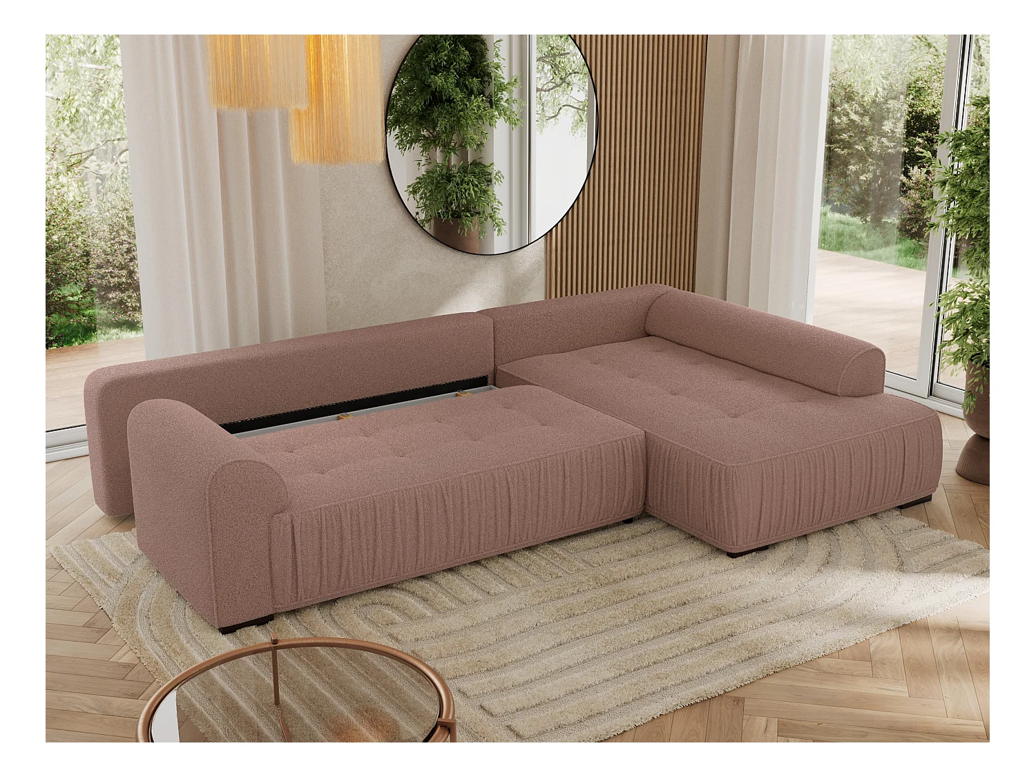 Ecksofa ORTA - Schlaffunktion und Bettkasten, lose Kissen, gesteppter Sitz, L-förmige Ecke - Rosa Boucle - Ecke Rechts