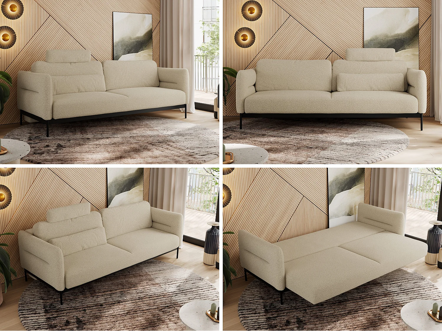 Sofa SALENTO - 3-Sitzer mit Metallbeine, mobile Kopfstütze, Schlafsofa mit lose Kissen - Beige Boucle